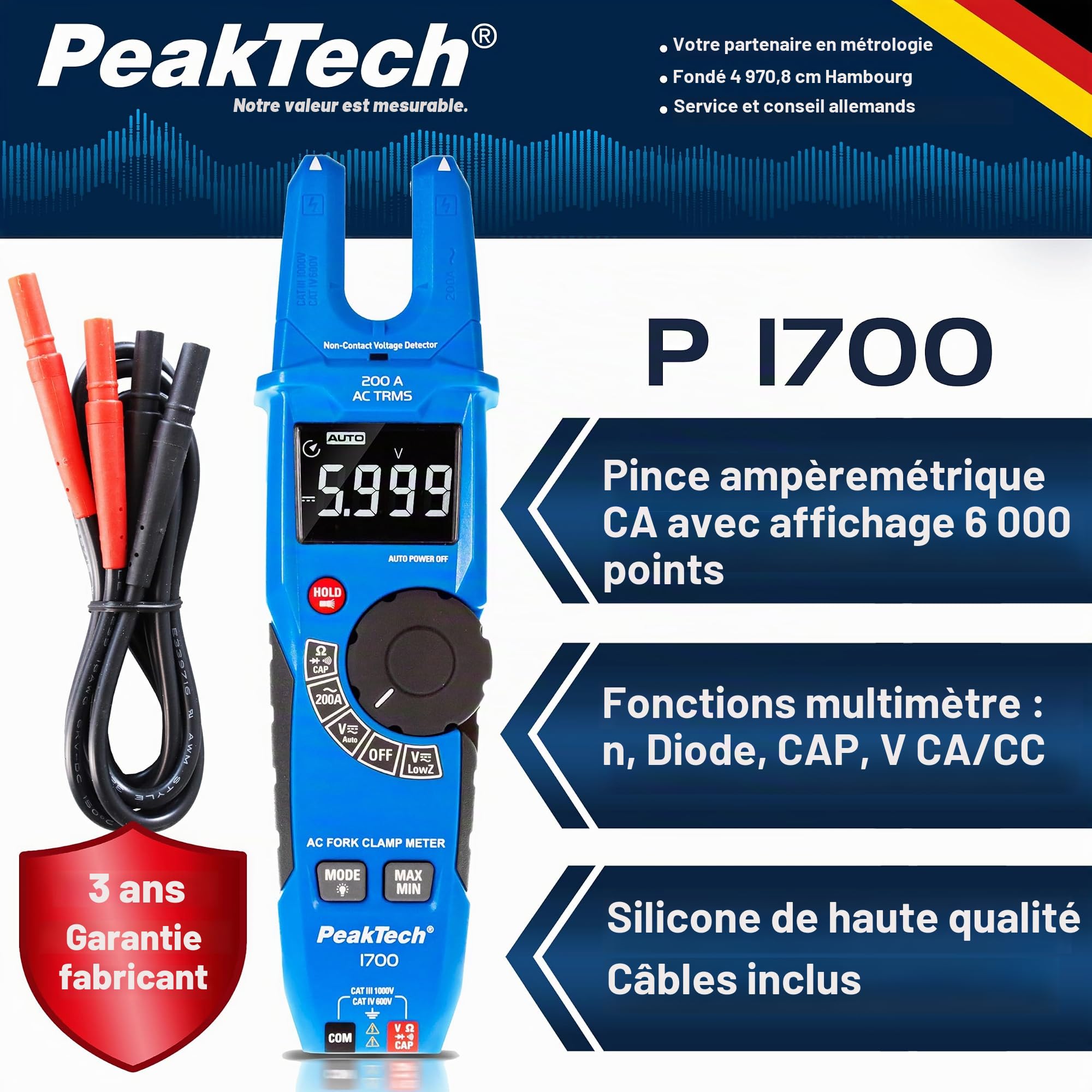 PeakTech P1700 - Pince ampèremétrique True RMS 200A AC - Ampèremètre à pince avec écran LCD - Pince ampèremétrique ouverte avec détecteur de tension