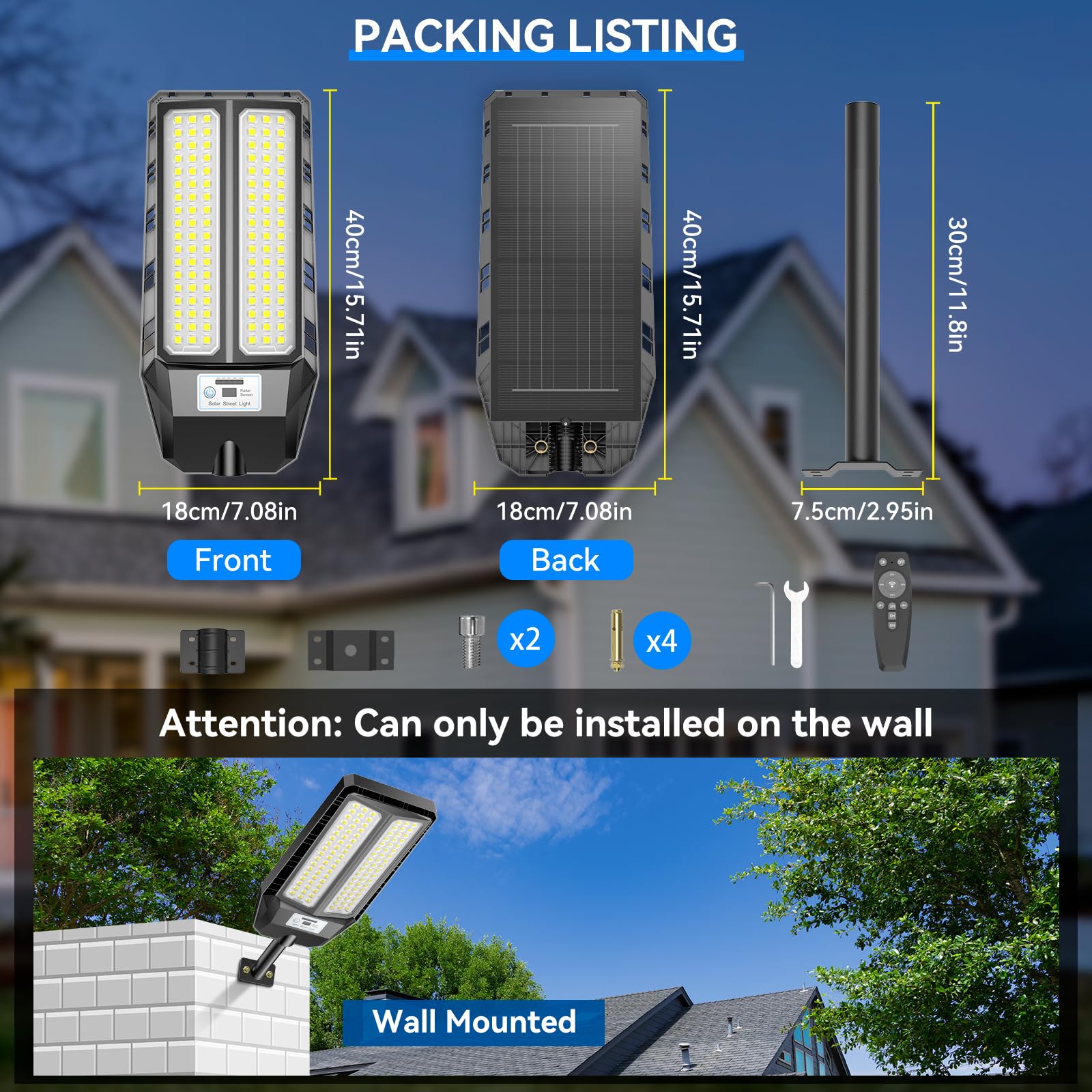 Adewalk 700W Lampione Solare Led Esterno con Telecomando, IP66 Impermeabile Lampada Stradale Solare con Sensore di Movimento, 6500K Super Bright Lampioni da Giardino Esterno Solari per Garage Strada
