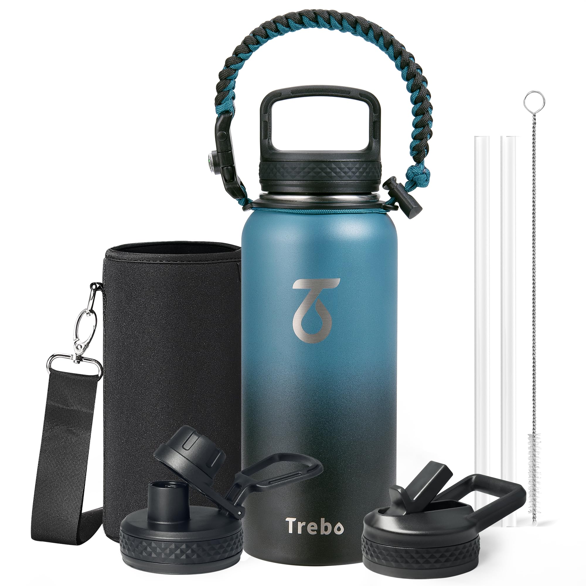Trebo 946 ml Edelstahl Trinkflasche Isoliert mit Paracord-Griff & 3 Deckeln