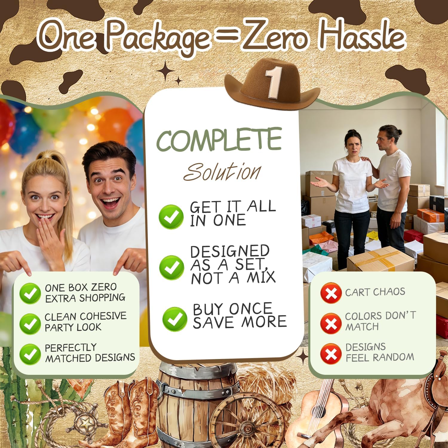 258pcs My First Rodeo Decorations Boy for 25 Guests, Worry-free One-stop Set, with Banner Thick Plates and Cupcake Toppers, Easy Setup for 1st Rodeo Birthday Party