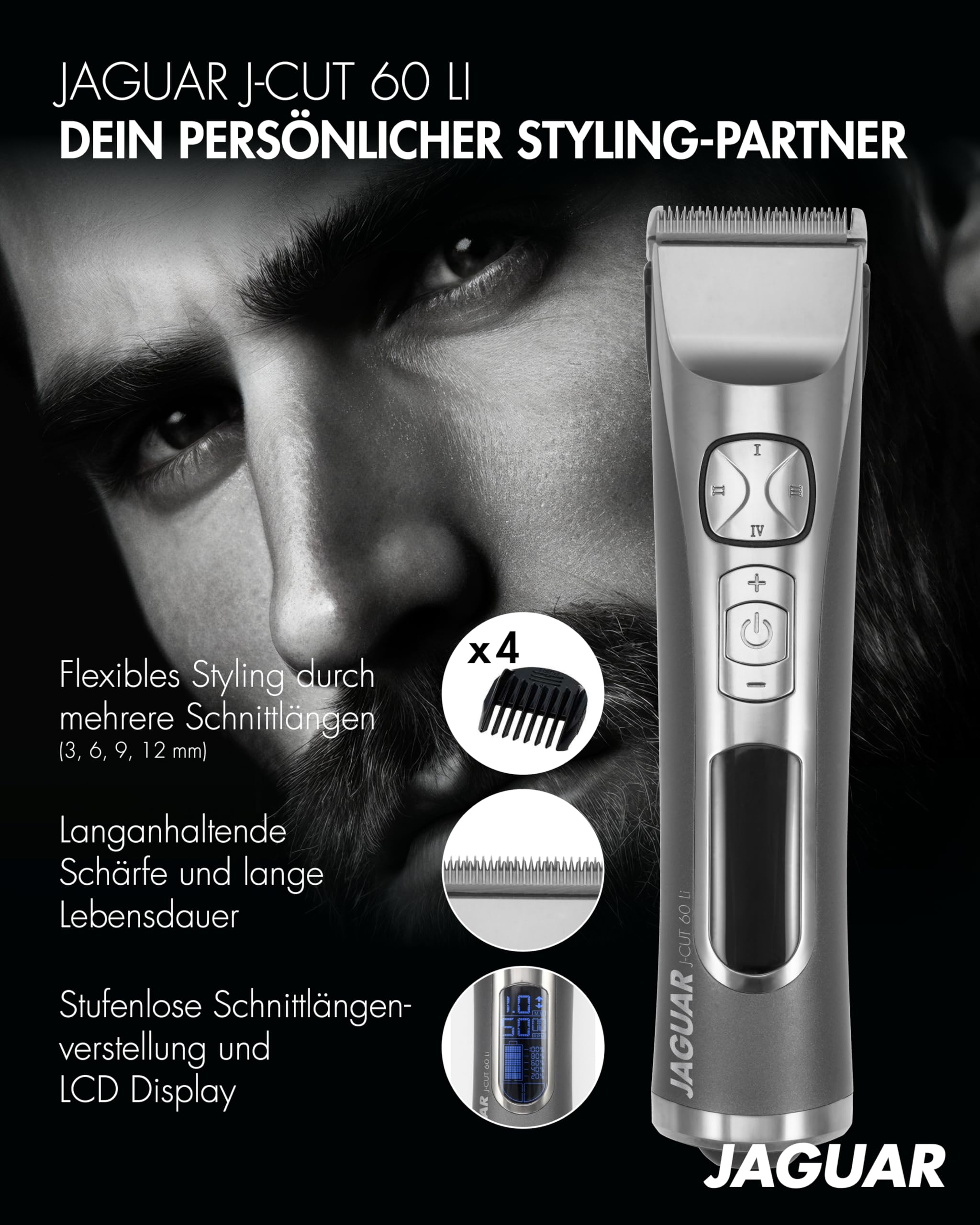 JAGUAR Haarschneidemaschine J-CUT 60 Li Silver |2way mit Lithium-Ionen-Akku | Profi Haarschneider für Akku- und Netzbetrieb inkl. Aufsteckkammset & LED Display | Vom Profi für Dich