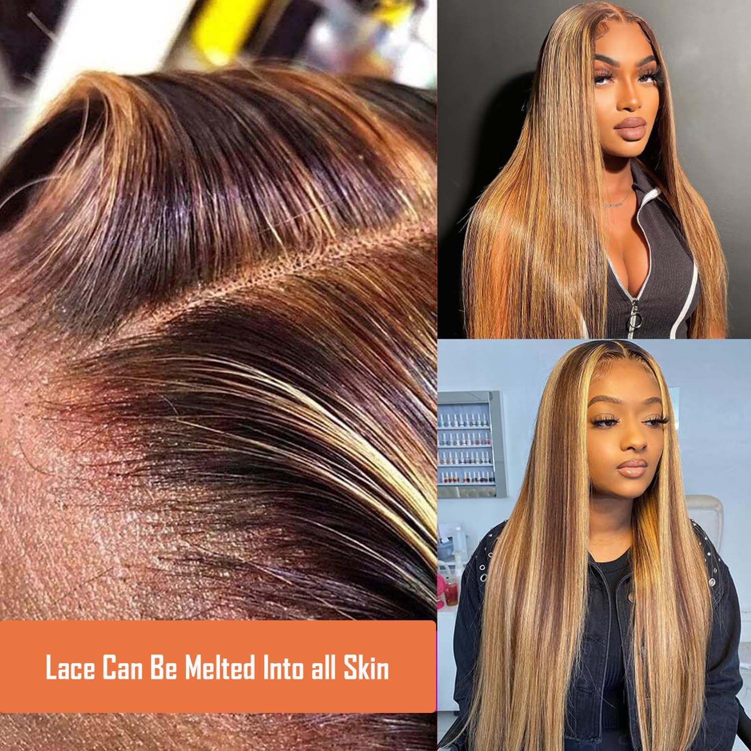 Straight Honey Blonde 200% Density HD Lace Front Human Hair Wig For Black Women,9X6 Max Part 4/27 Ombre Highlight Wear And Go Drawstring Glueless Wig Human Hair Pre Plucked Pre Cut For Beginner 20Inch - Image 3