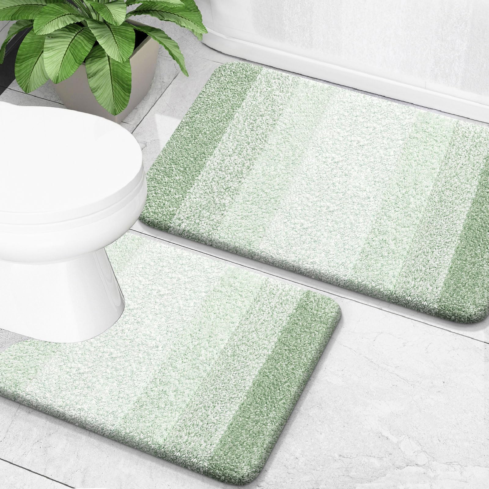 Photo 1 of OLANLY Bathroom Rug Set 2 Piece, Soft Absorbent Microfiber Bath Mats and U-Shaped Contour Toilet Rug, Non-Slip, Machine Wash Dry, Plush Shaggy Bath Mats for Bathroom (24"x16"+24"x20", Sage Green)