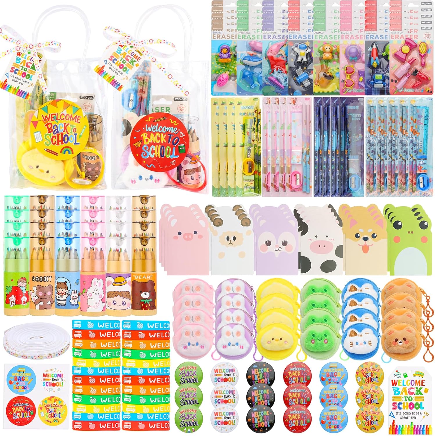 LiYiQ 251 Pcs Back to School Stationery Set, Back to School Supplies Stuff, Pvc Bags Colorful Pencils Erasers Notesbook Stickers for Classroom Goodie Bags Rewards Prizes