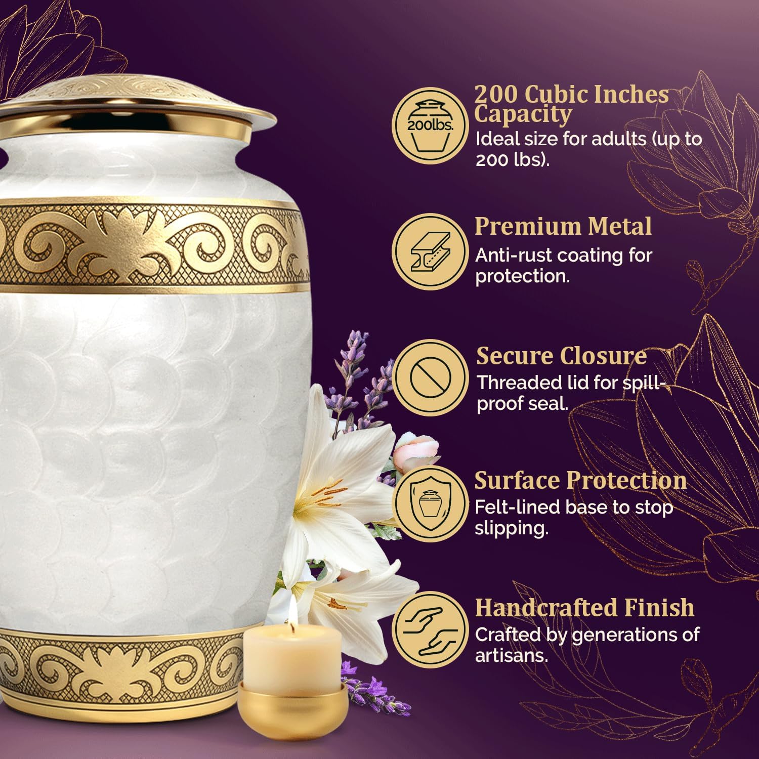 Urns for Human Ashes Adult Female/Male – Handcrafted Cremation Urn for Ashes – Elegant Large Funeral Urn with Secure Lid & Velvet Bag – A Dignified Tribute (White, Large)