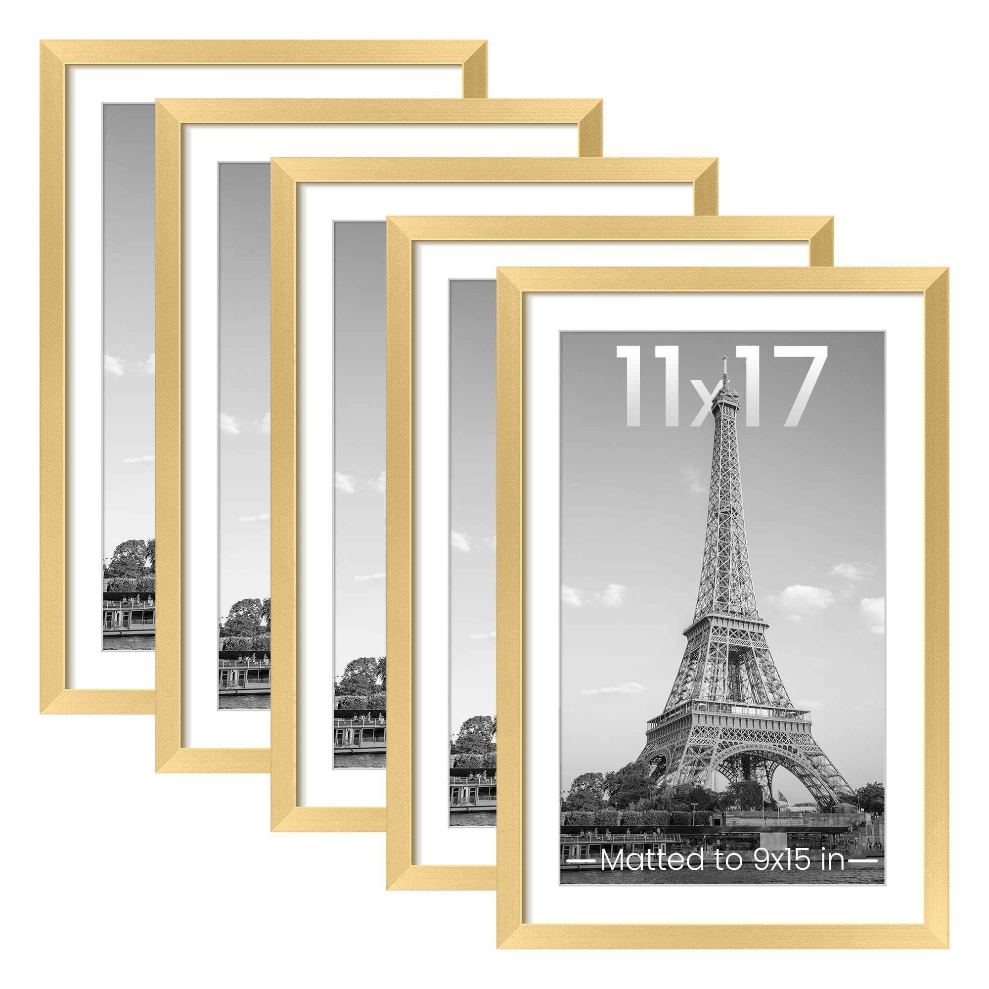 upsimples 11x17 Picture Frame Set of 5, Display Pictures 9x15 with Mat or 11 x 17 Without, Wall Gallery Poster Frames, Gold