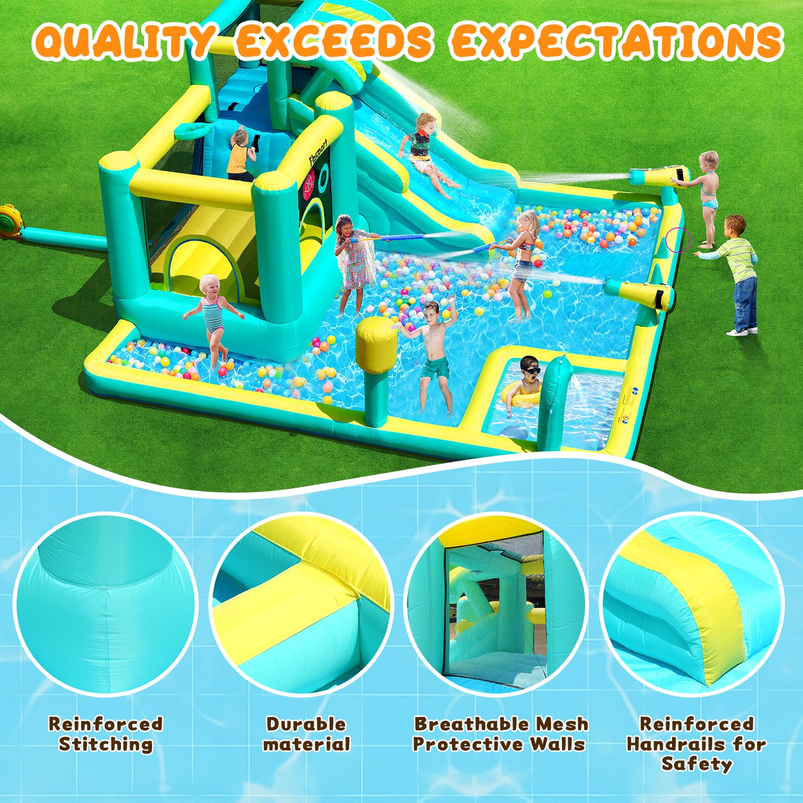 FBSPORT Castello Gonfiabile 10-in-1, Scivolo d'Acqua Castello Gonfiabile con Soffiatore 480W, da Giardino per Bambini con Piscina di Schizzo, Utilizzo Interno ed Esterno