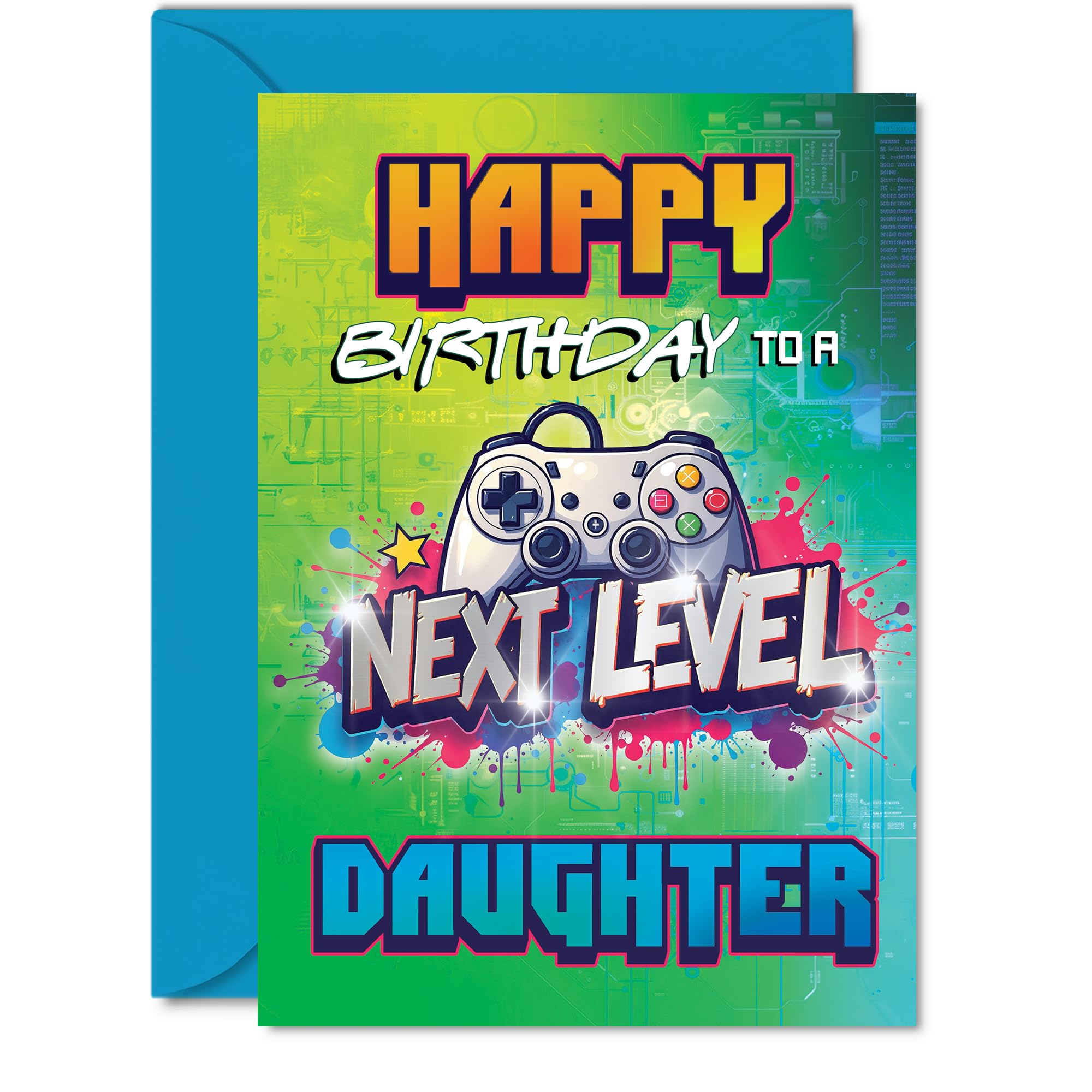 Daughter Birthday Card - Next Level - Happy Birthday Card for Daughter from Mum Mom Dad, 5x7 Inch Gamer Girl Bday Greeting Cards