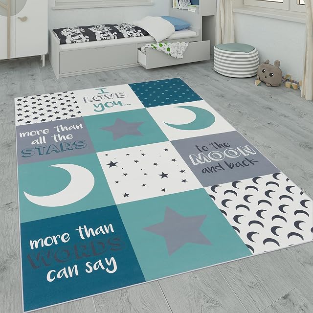Kids Rug, Washable Rug Large Rug, Star Moon and Check Patterns Pastel Colours, Size:80x150 cm, Colour:Turquoise