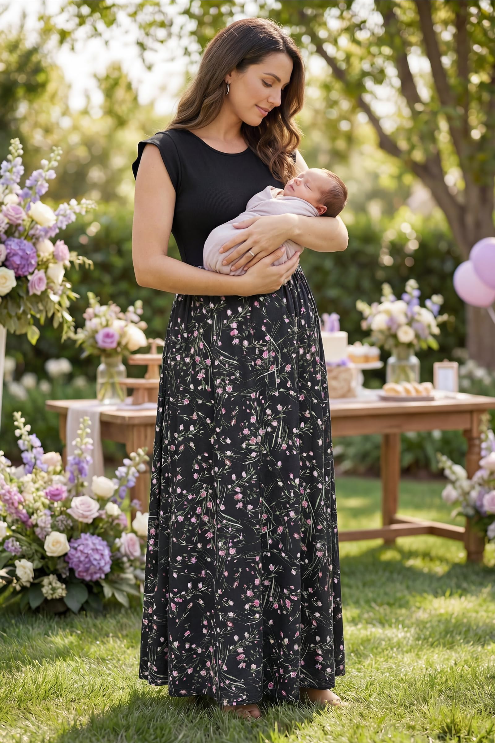OUGES Sommerkleid Damen Lang Rüschen Maxikleid Elegant Sommer Kleid mit Taschen