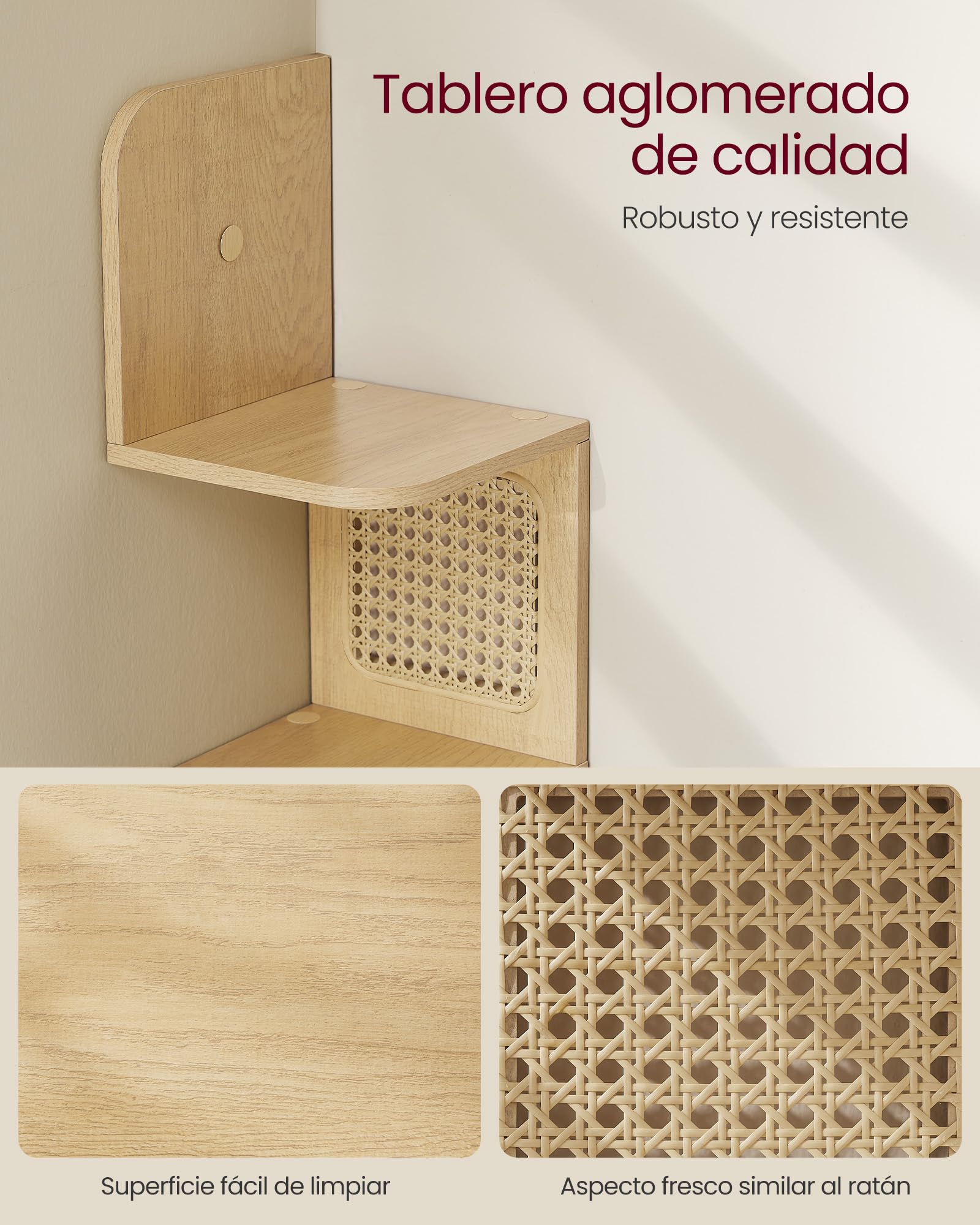 VASAGLE Estantería de Esquina, Estantería Flotante de 5 Niveles, Estantería Zigzag Montada en la Pared, Laterales de Ratán de PVC, Cocina, Dormitorio, Salón, Estilo Boho, Beige Roble LLS582Y57