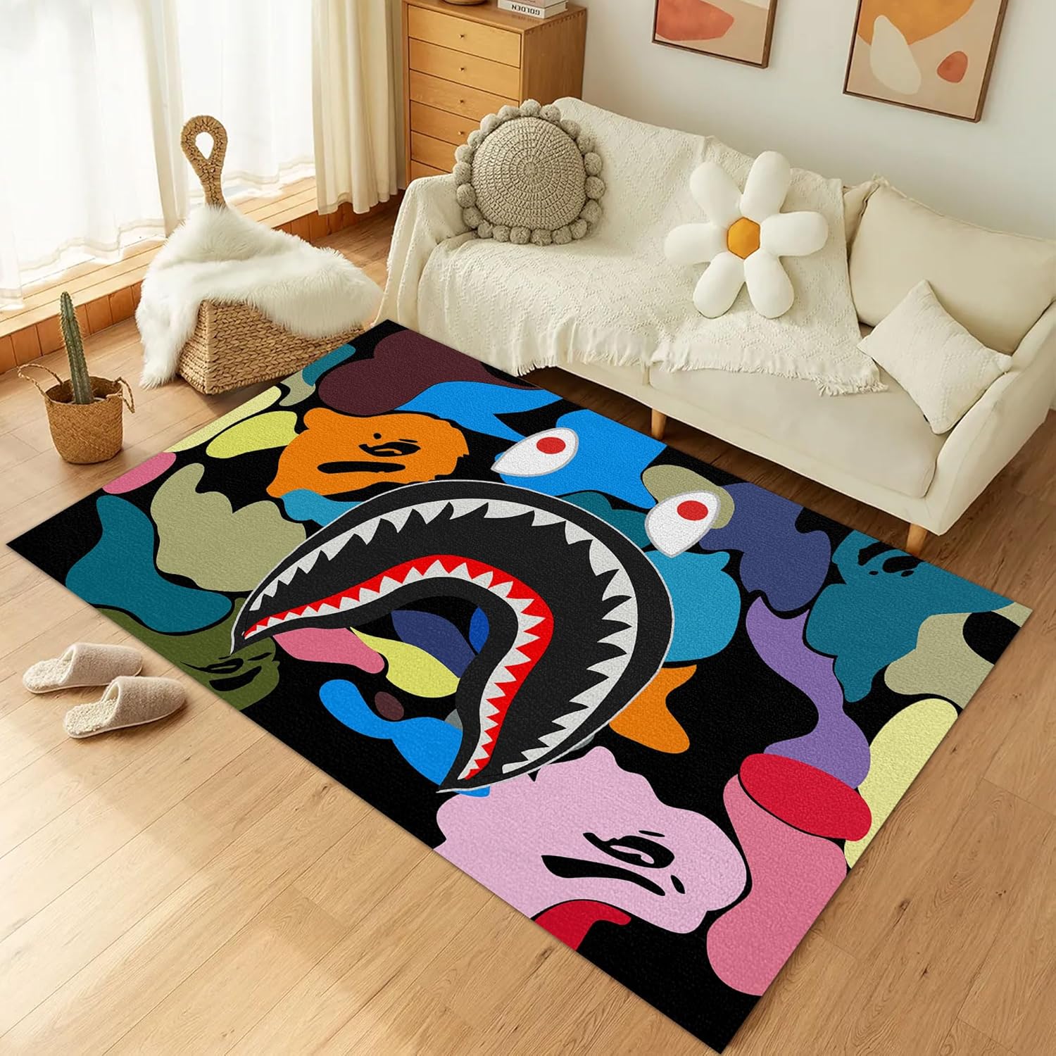 Hypebeast Shark Area Rug Color Camo Rugs Shark Mouth Carpet Modern Large Popular Rug Cool Street Decor Rug for Bedroom Living Room Indoor Outdoor Decor Floor Mat 2' x 3'