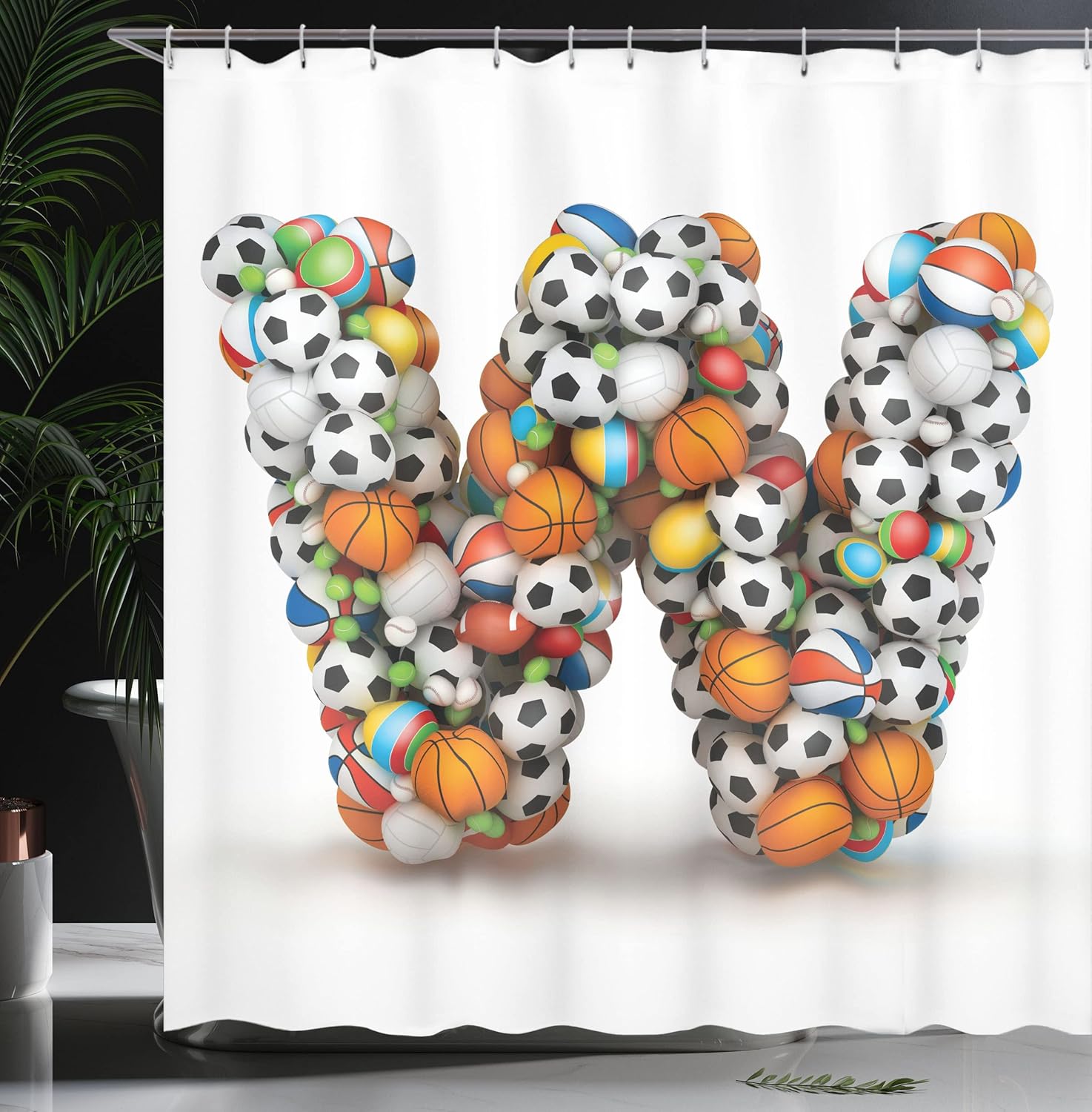 Ambesonne Letter W Shower Curtain, Sports Themed Typography Alphabet with Various Balls Athletics Design, Cloth Fabric Bathroom Decor Set with Hooks, 69" W x 70" L, Orange White