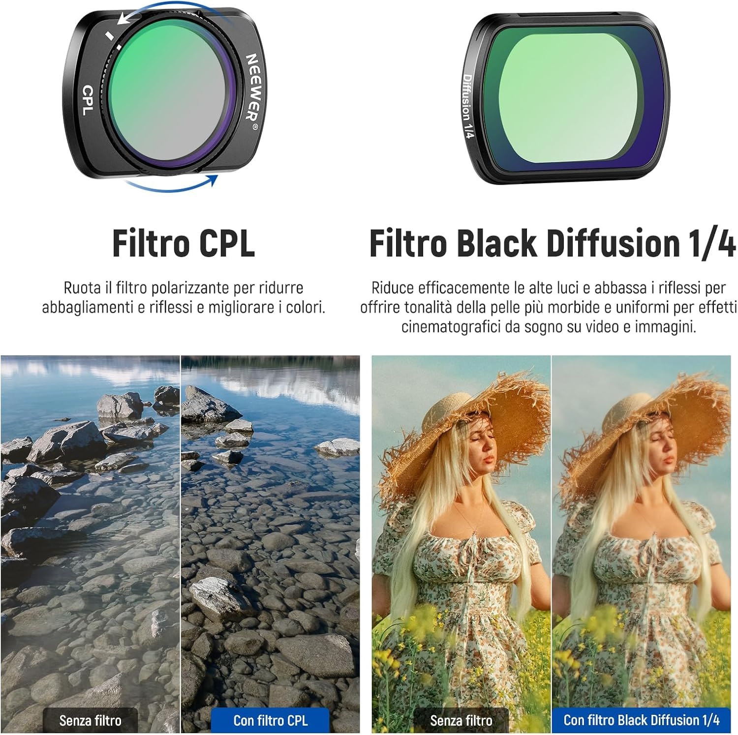 NEEWER Set Filtri Magnetici Compatibile con DJI Osmo Pocket 3 / Pocket 4 / Xtra Muse, Filtro a Densità Variabile ND 2-32 con Polarizzatore CPL Black Diffusion 1/4 Filtro Per Effetto Mist Cinematic