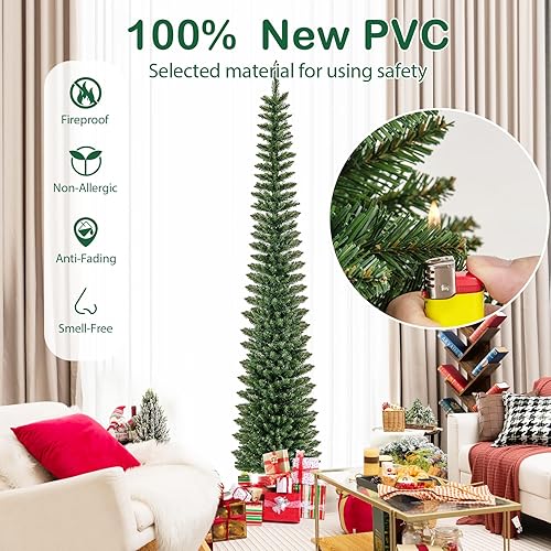 Miniatura 7 de HAPPYGRILL Árbol de Navidad preiluminado de 8 pies, árbol de Navidad artificial con 591 puntas de rama, 300 luces LED blancas cálidas, soporte de