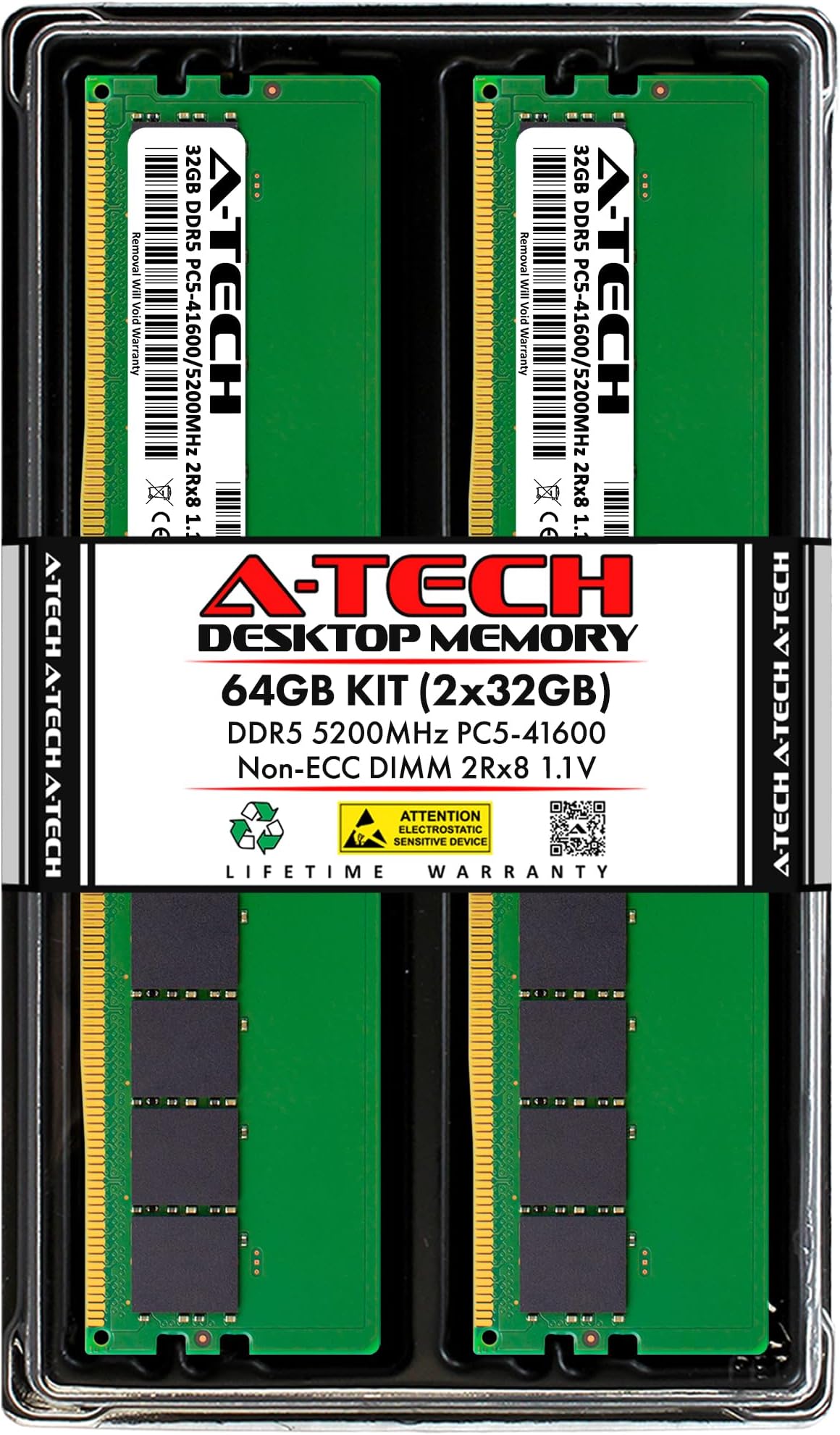 A-Tech 64GB Kit (2x32GB) DDR5 5200MHz PC5-41600 CL42 UDIMM 2Rx8 Dual Rank 1.1V Non-ECC Unbuffered DIMM 288-Pin Desktop PC/Computer RAM Memory Upgrade Modules