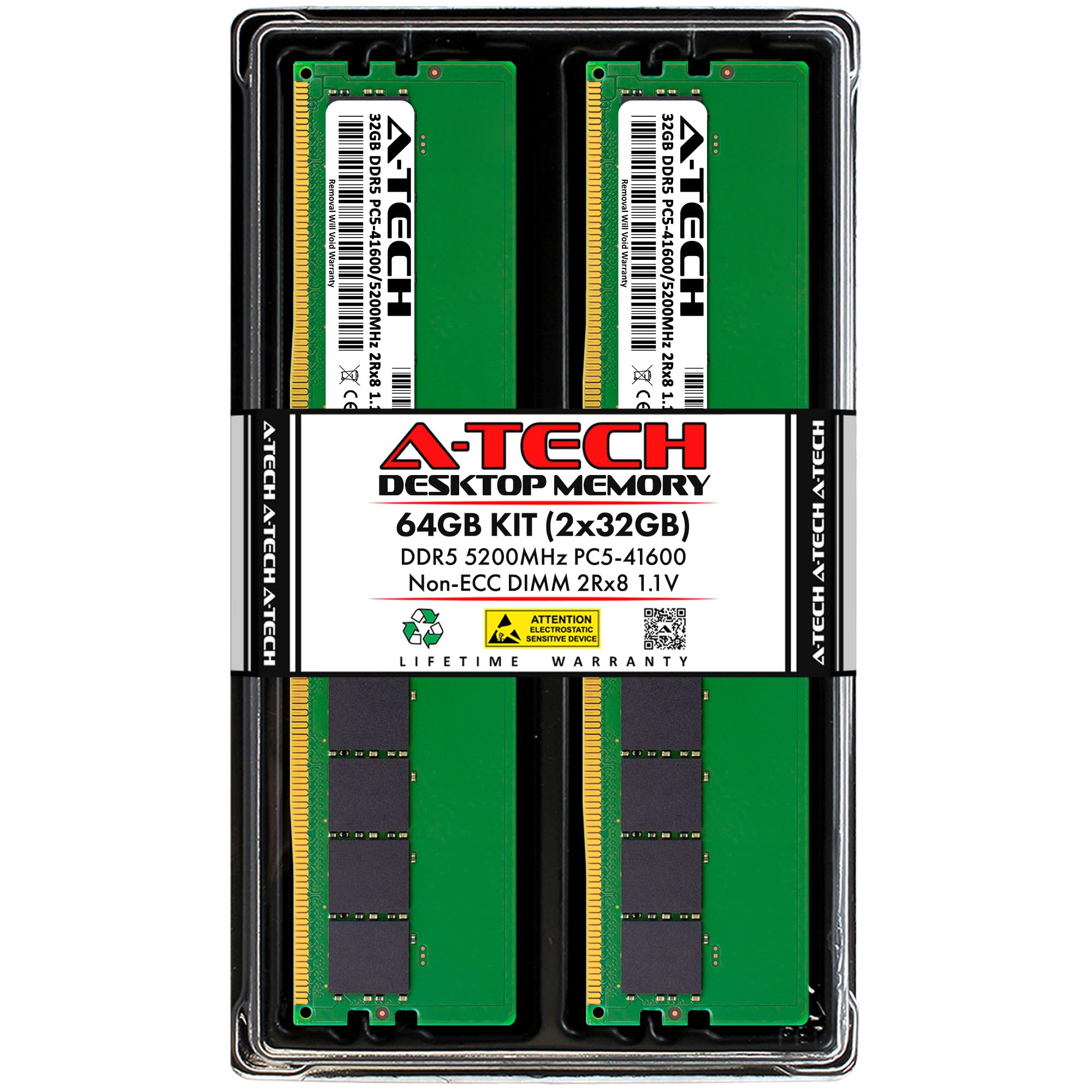 A-Tech 64GB Kit (2x32GB) DDR5 5200MHz PC5-41600 CL42 UDIMM 2Rx8 Dual Rank 1.1V Non-ECC Unbuffered DIMM 288-Pin Desktop PC/Computer RAM Memory Upgrade Modules