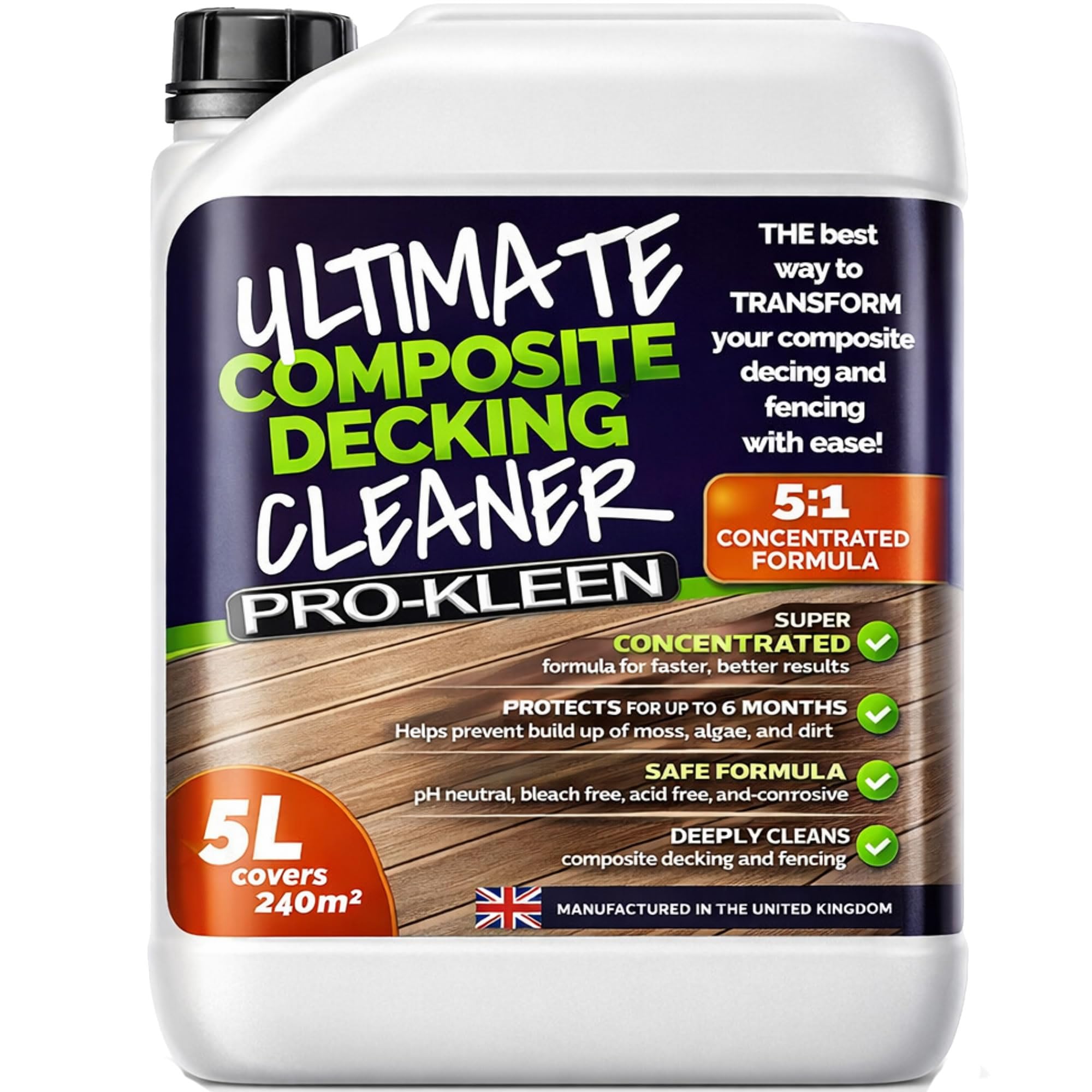 Pro-Kleen Ultimate Composite Decking Cleaner 5L Simply Spray & Walk Away Free From Acid and Bleach Concentrated Mix 5:1 Covers 240sq Metres, Prevents Algae, Mould and Dirt, Pet and Child Safe Once Dry