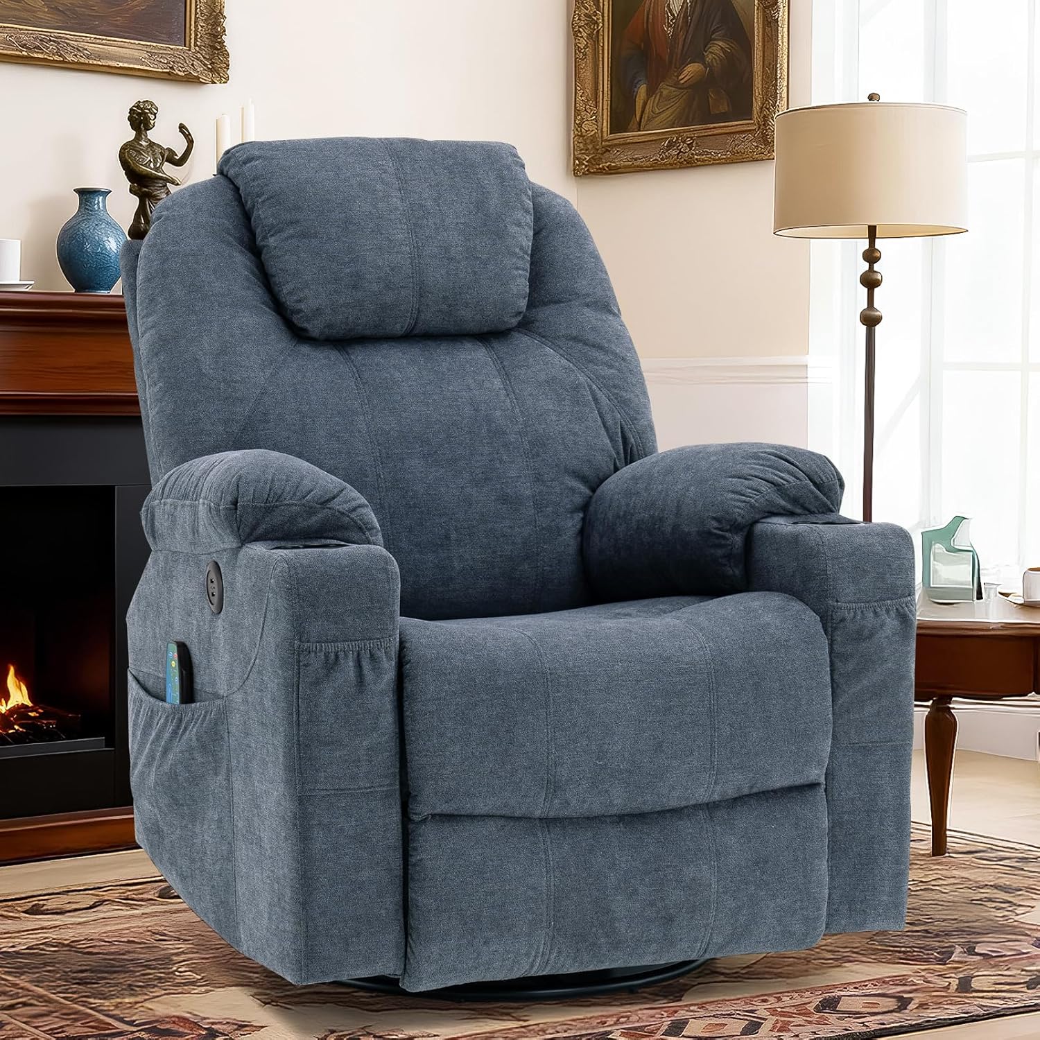 Manual Swivel Rocker Recliner Chair with Heat and Vibration, 360° Swivel Glider Massage Lounge Chair, Ergonomic Single Reclining Sofa with 2 Cup Holders Side Pockets & USB Port, Bluish Grey