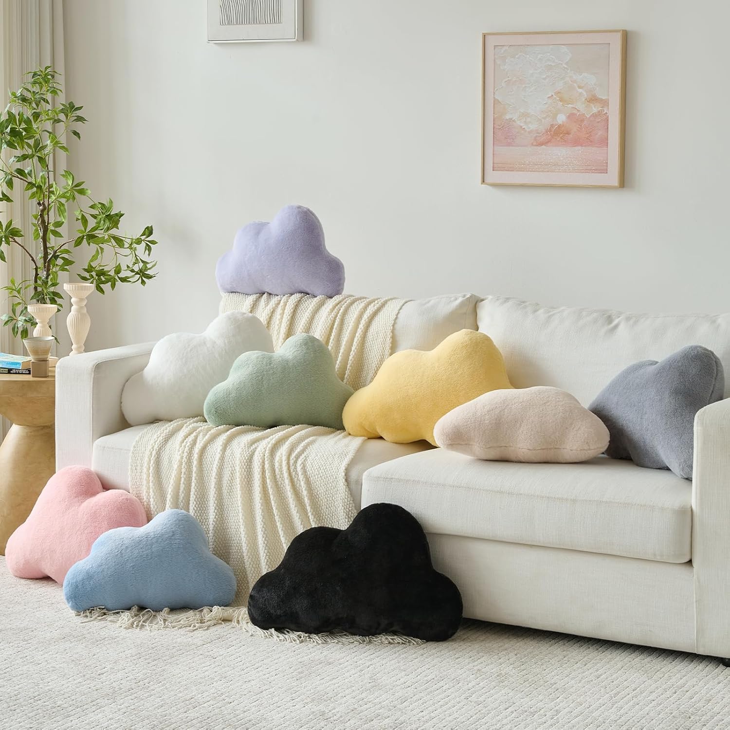 Cloud Pillows, Decorative Throw Pillow with Soft Plush for Couch Bed, Cloud Shaped Pillow Room Decor with Fluffy Faux Rabbit Fur for Living Room Bedroom (Pink, 14.5x22.4 Inches)