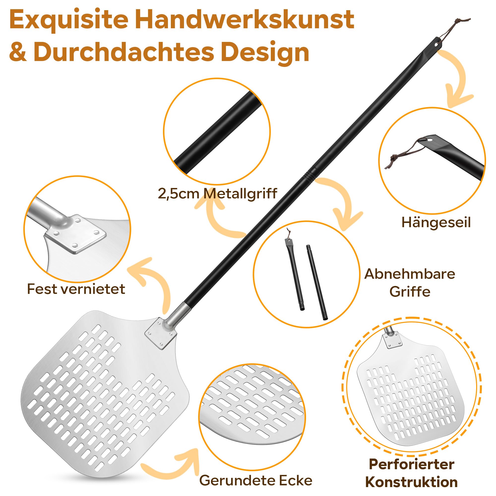 TEAMFAR Perforierter Pizzaschieber, 30,5 x 42 x 124 cm, Harteloxiertes Aluminium, leichtes Gleiten auf Pizzastein, rechteckig, großer Flächenanteil, abnehmbarer Griff