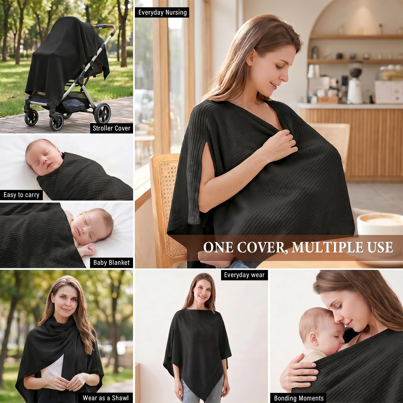 Stilltuch für unterwegs, Stillschal Still Tuch Atmungsaktiv Breastfeeding Nursing Cover, 360° Sichtschutz Stillschal für unterwegs Decke (Schwarz)