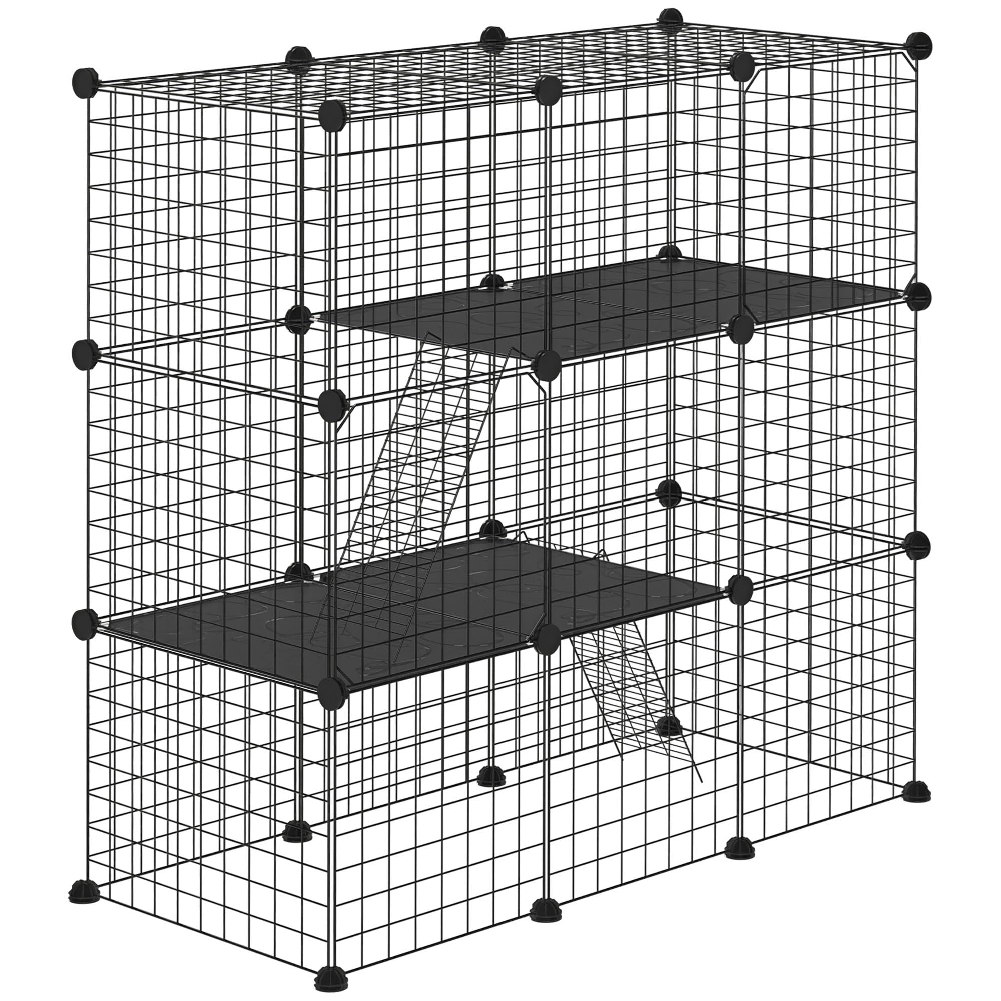 PawHut Recinto per Animali di Piccola Taglia Modulabile con Pannelli e Accessori, Gabbia per Animali da Interno in Acciaio e PP, 105x45x105 cm, Nero
