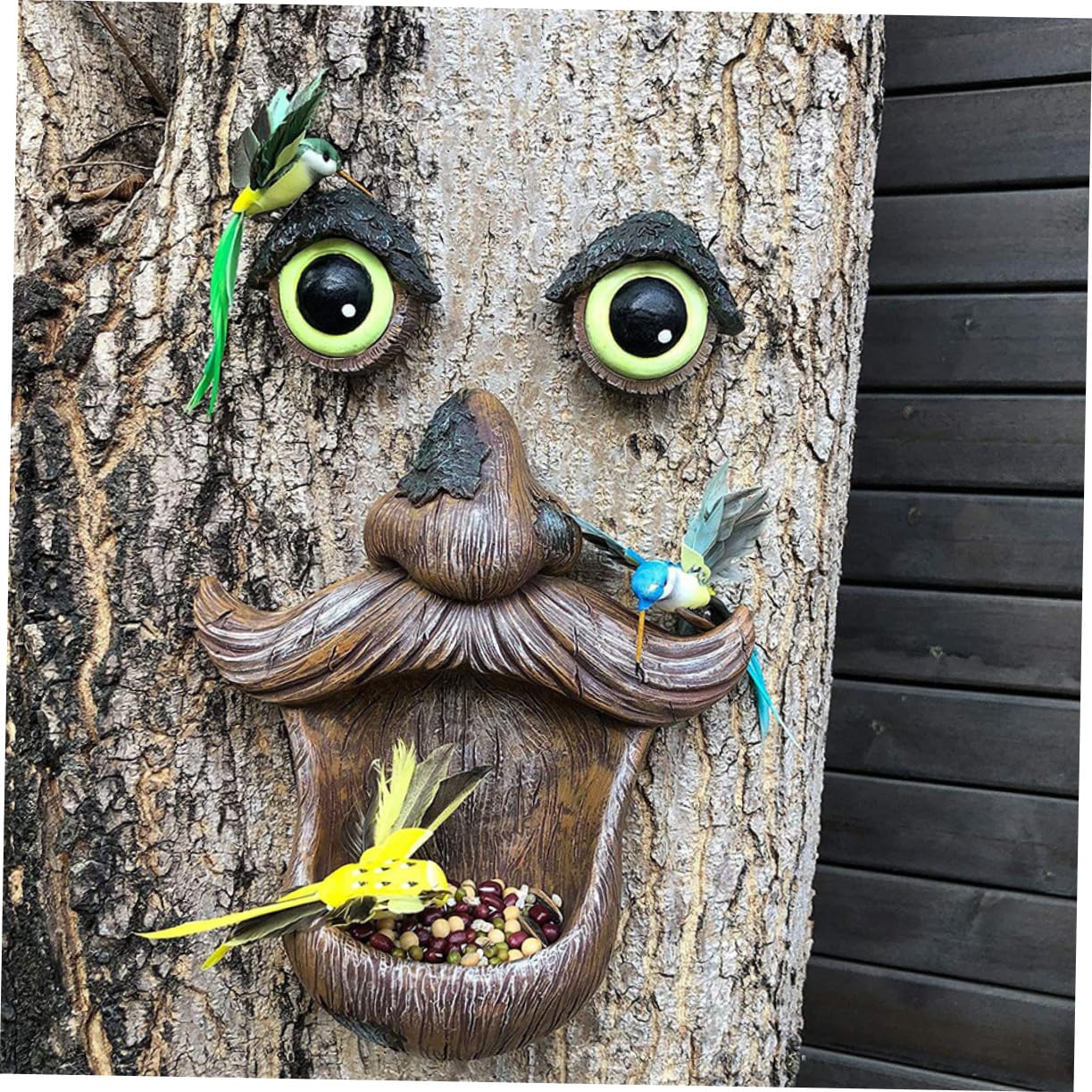 BESPORTBLE Mangiatoia per Uccelli in Resina Volto di Legno Luminoso per Esterno Decorazione Giardino Area Giochi Bambino Bambina Design Fantastico e Divertente