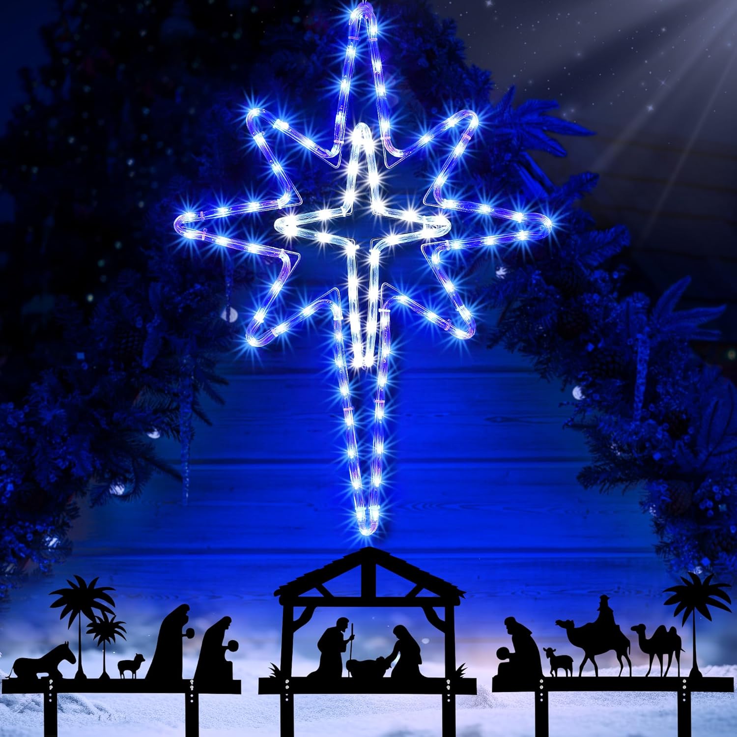 26 Inch Large Star of Bethlehem Outdoor Lamp with 3 Metal Nativity Scene Garden Stakes, Outdoor Christmas Yard Stakes Decoration for Outside Lawn and Door Window Porch Wall Decoration