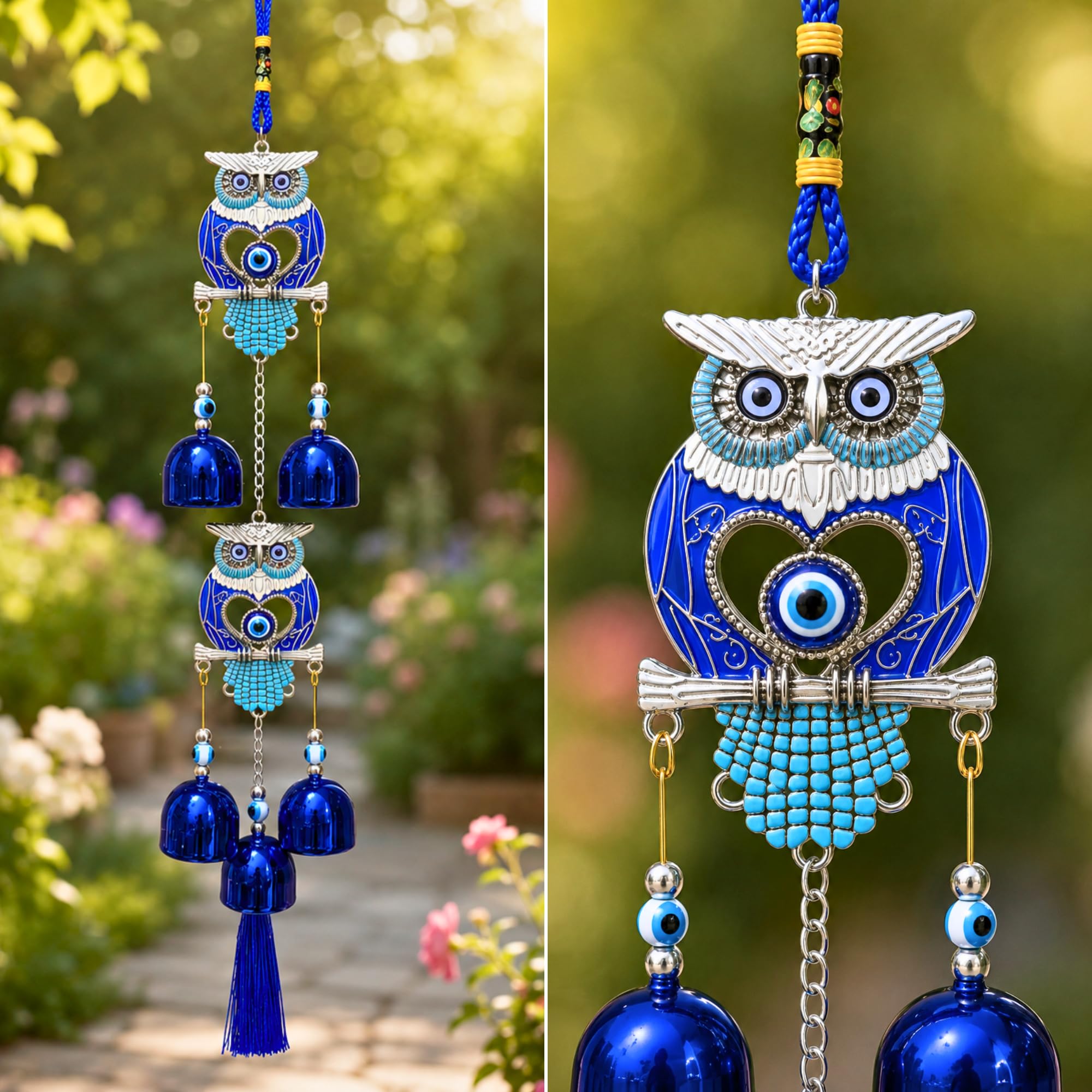 Lucky Owl Metal Evil Eye Wind Chimes for Home Positive Energy Turkish Wind Chime for Wall Hanging Decoration Items for Living Room Entrance Outdoor Balcony Housewarming Gifts (Color - 3)-image-32