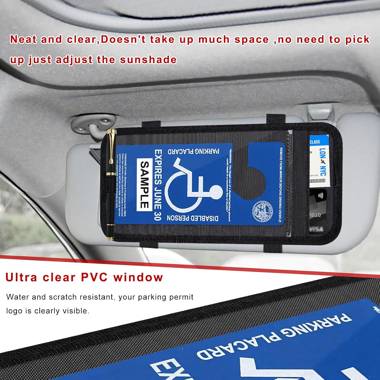 Handicap Placard Holder for Car Visor, Ultra Clear Parking Permit Sign Protector with Pen Holder & Note Paper Slot, Multipurpose Disability Parking Placard Clip, Car Accessories (Black)