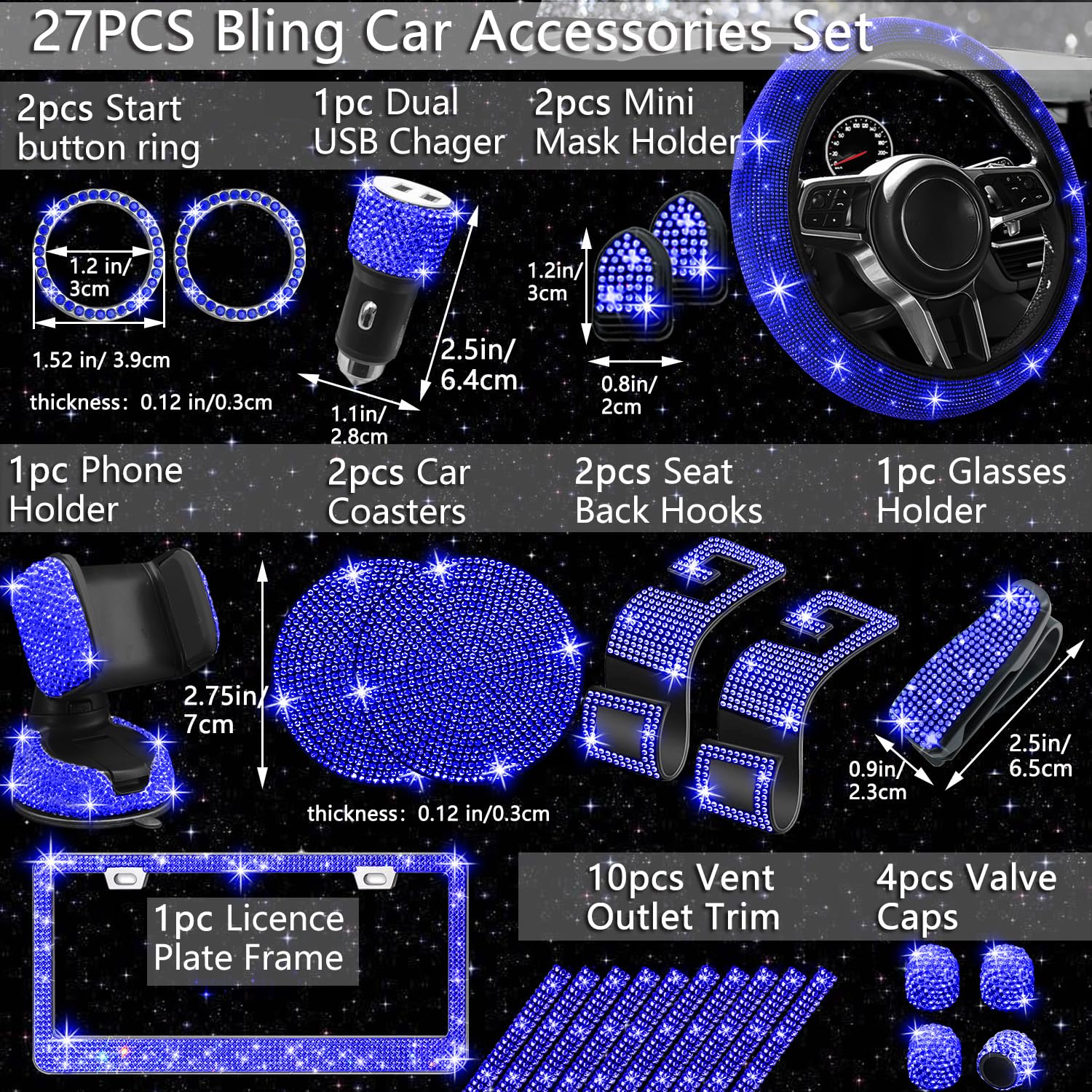 NBTEPEM Set di 27 accessori per auto blu da donna, coprivolante luccicante, universale, misura 38 cm, cornice per targa con strass, supporto per telefono, sottobicchieri per auto (diamante blu)