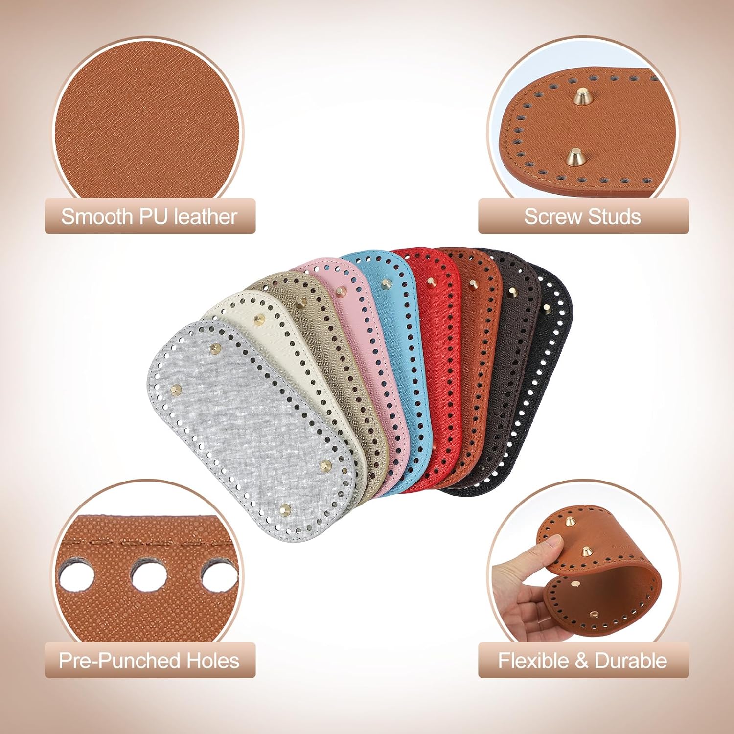 PATIKIL PU Leather Bag Bottom Shaper 8.7x3.9 Inch, Oval Knitting Crochet Bags Bottom Pad Base with Holes & Nails for DIY Handbag Shoulder Bags Purse Making Supplies, Brown - Image 3