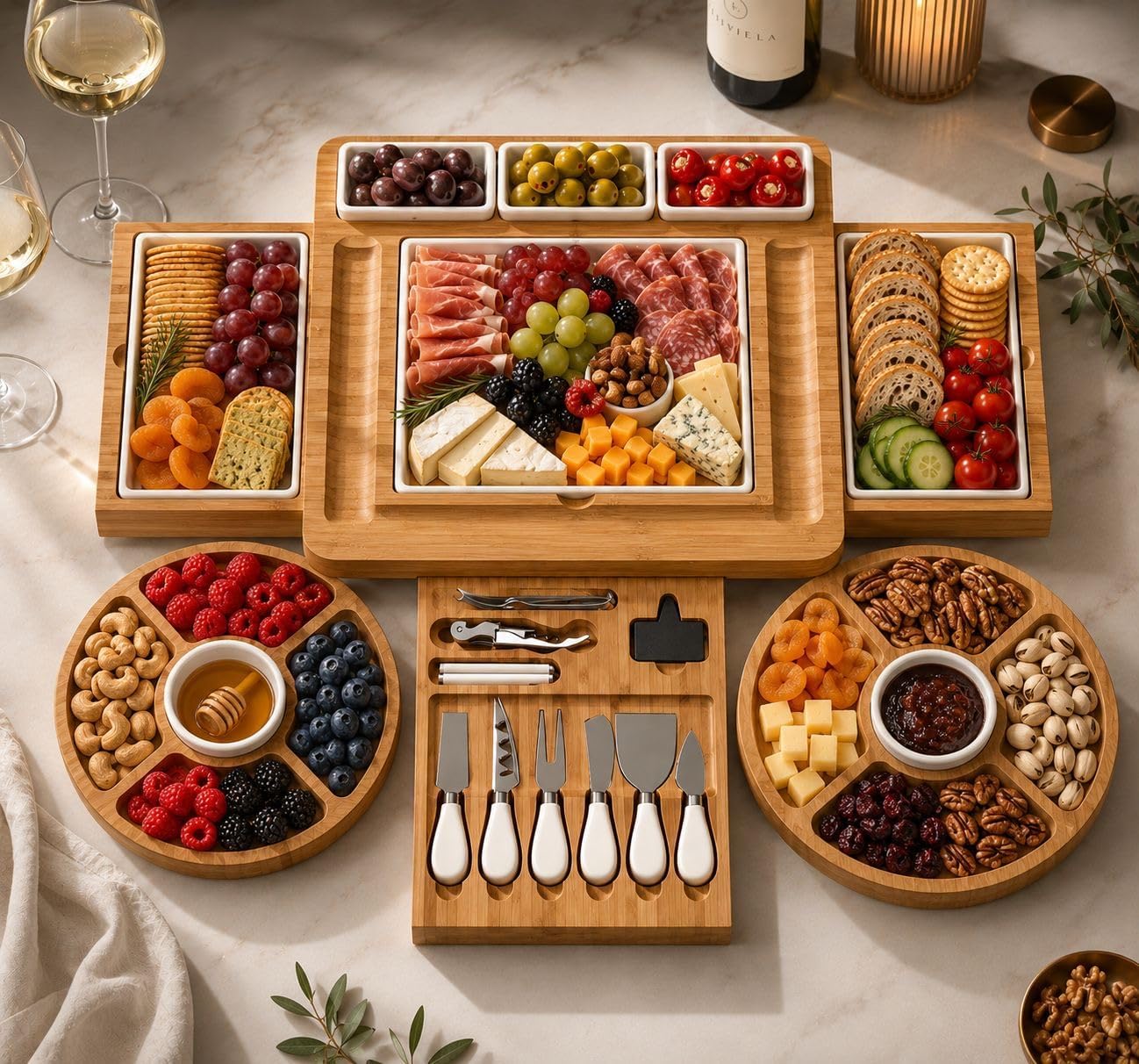 AraFel Bamboo Charcuterie Board Set with Drawer & Cheese Knives – Premium Cheese Board Serving Tray with Ceramic Plates for Mother’s Day, Birthday & Housewarming Gifts
