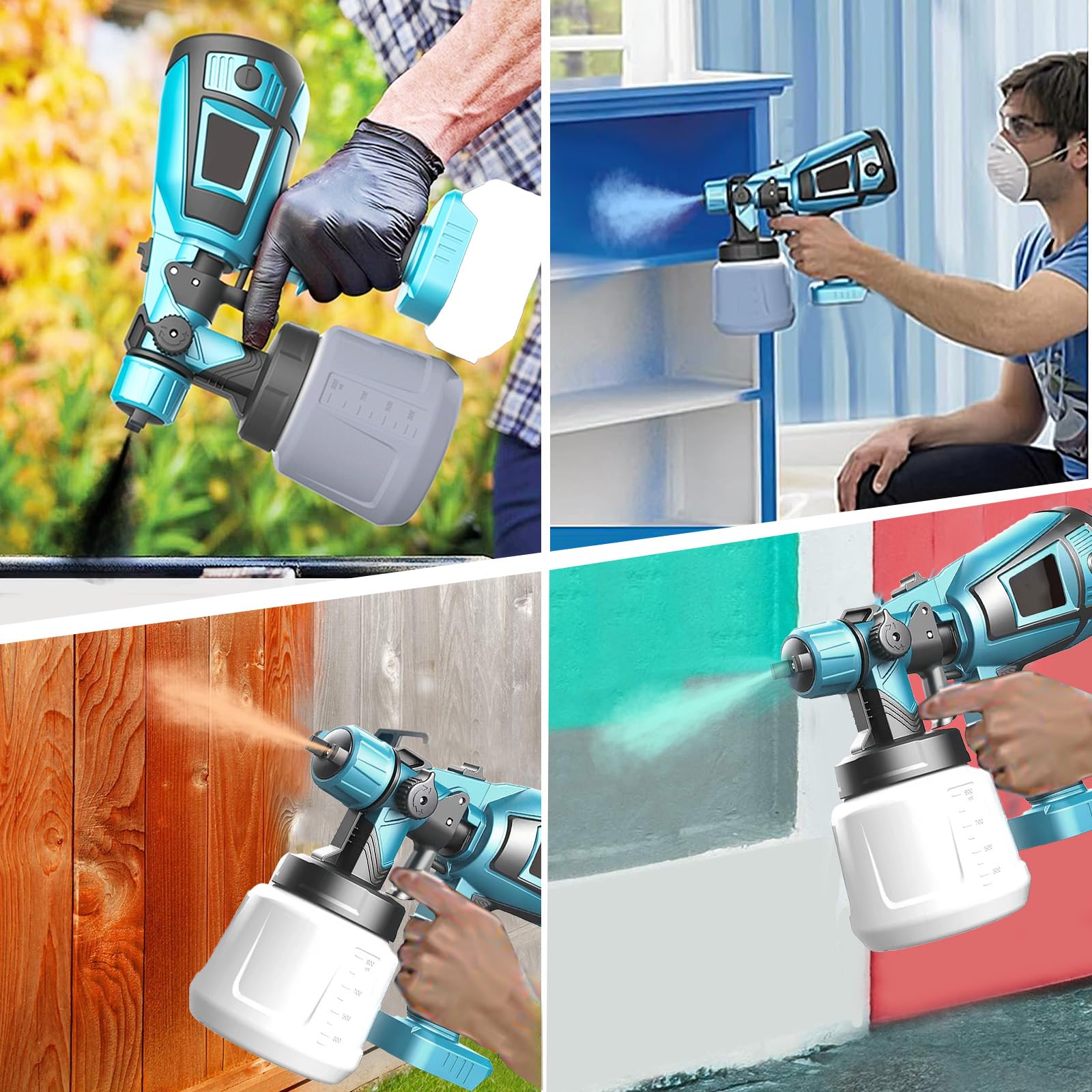 Pistolet a Peinture sans Fil 18V avec 2 Batteries 3000mAh et Chargeur – 3 Buses 3 Modes de Pulvérisation, Réservoir PVC 1000ml, Aiguille et Buse en Cuivre Pur pour Portes, Murs
