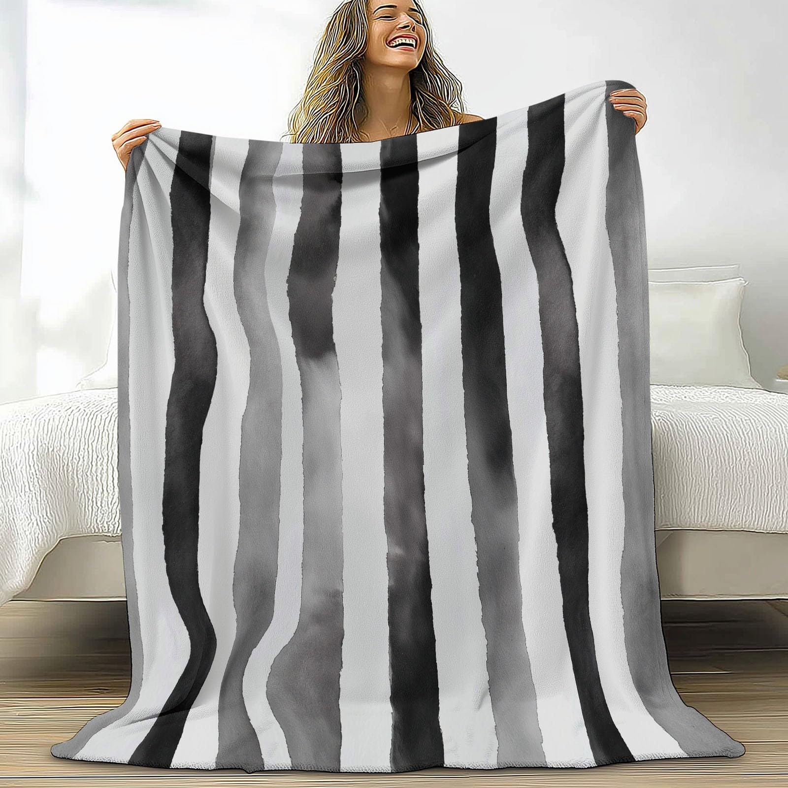 Manta para Sofá, Invierno Verano Manta Polar Rayas Verticales Simples Y Abstractas Cálida Mullida Super Caliente Ligera Mantas Cama para Adulto y Niño Sala de Estar, Blanco Negro, 200x200 cm