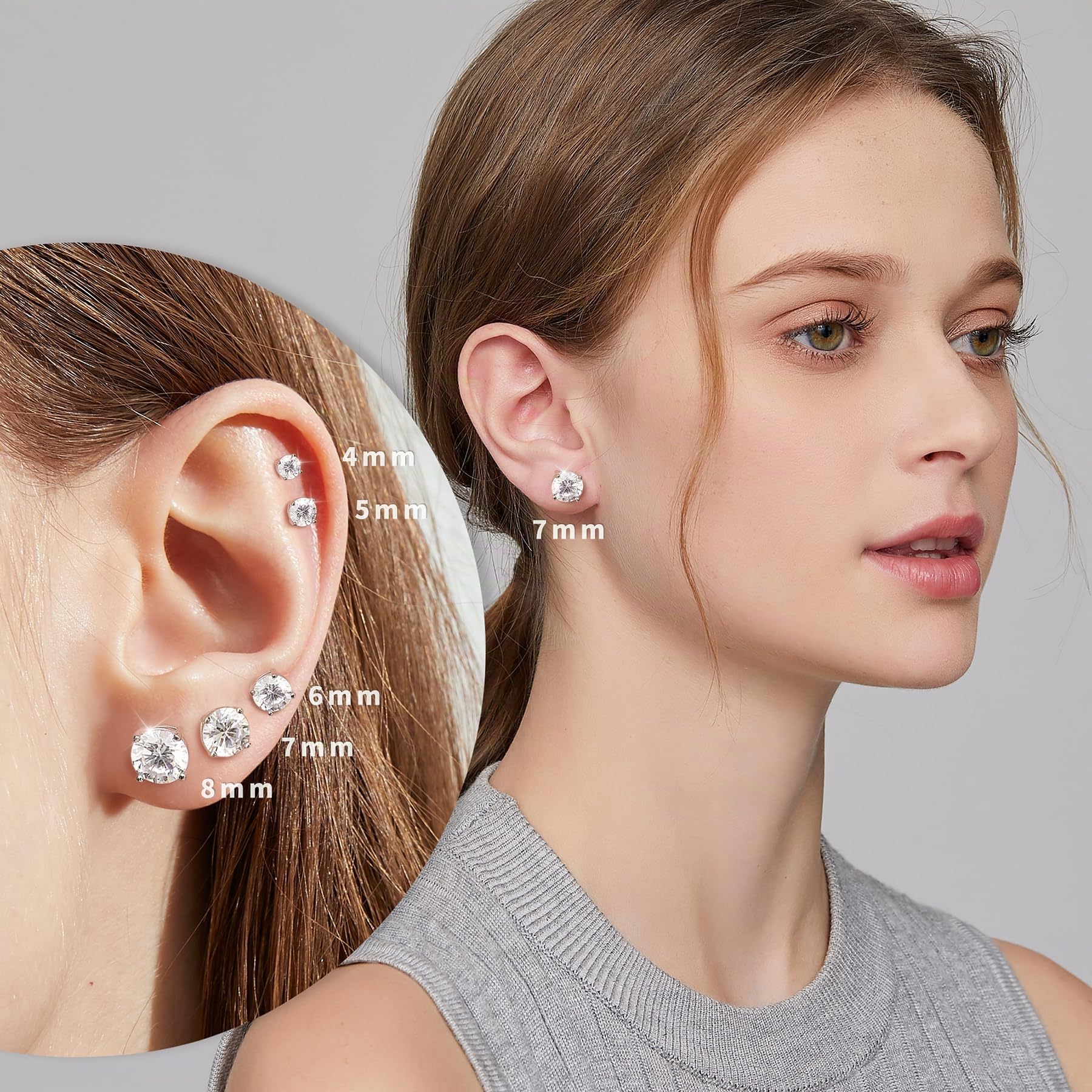 jiamiaoi Pendiente de plata de ley 925 para hombre mujer, Pendiente de diamantes con circonita 5A de 4 mm-8 mm, placa de oro blanco de 18 quilates
