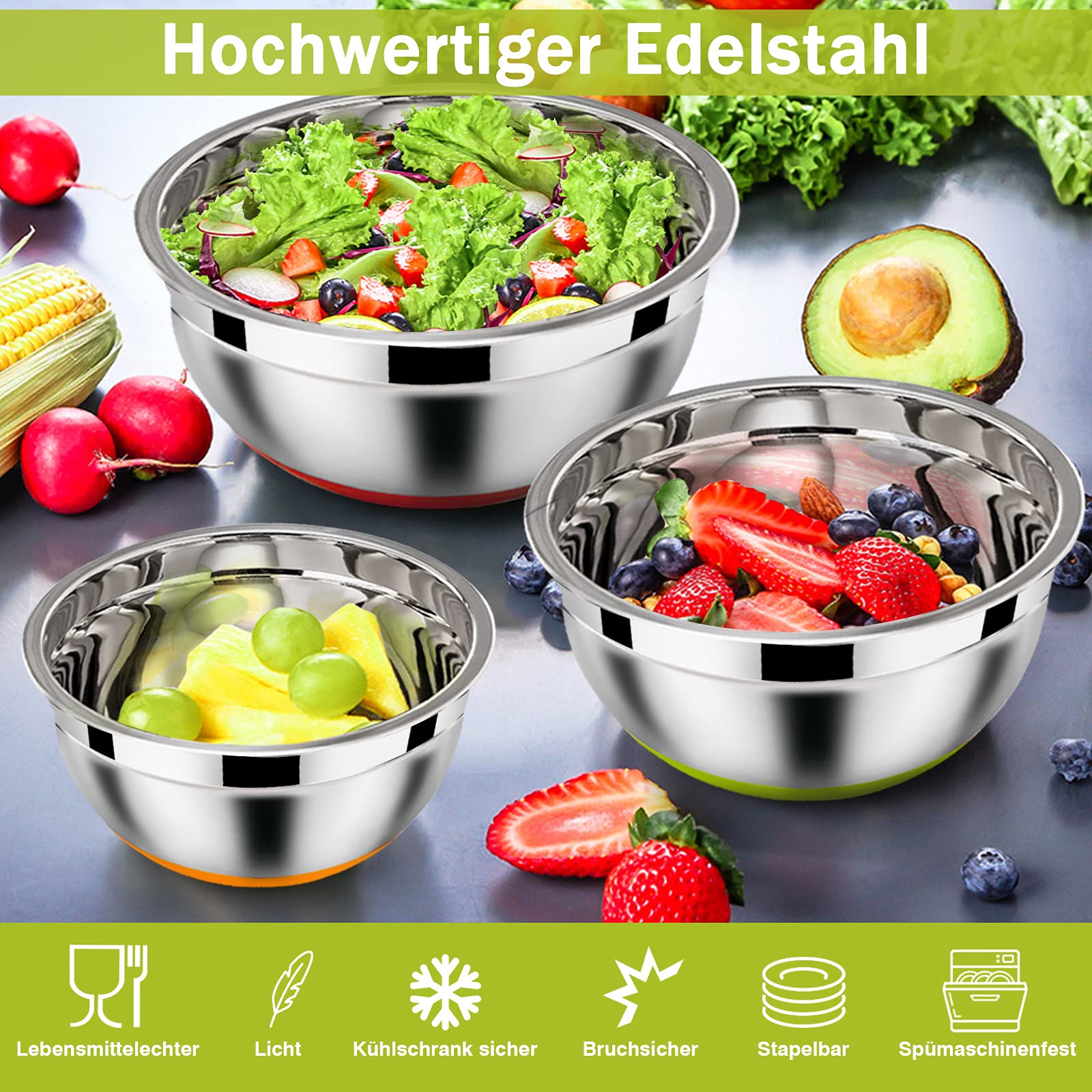 Homikit Rührschüssel Set, Edelstahl Schüssel Salatschüssel 6er Set mit Luftdichtem Deckel & Silikonboden, Stapelbar, Spülmaschinenfest, 4.6 L / 2.8 L / 2.5 L / 1.6 L / 1.2 L / 0.7 L