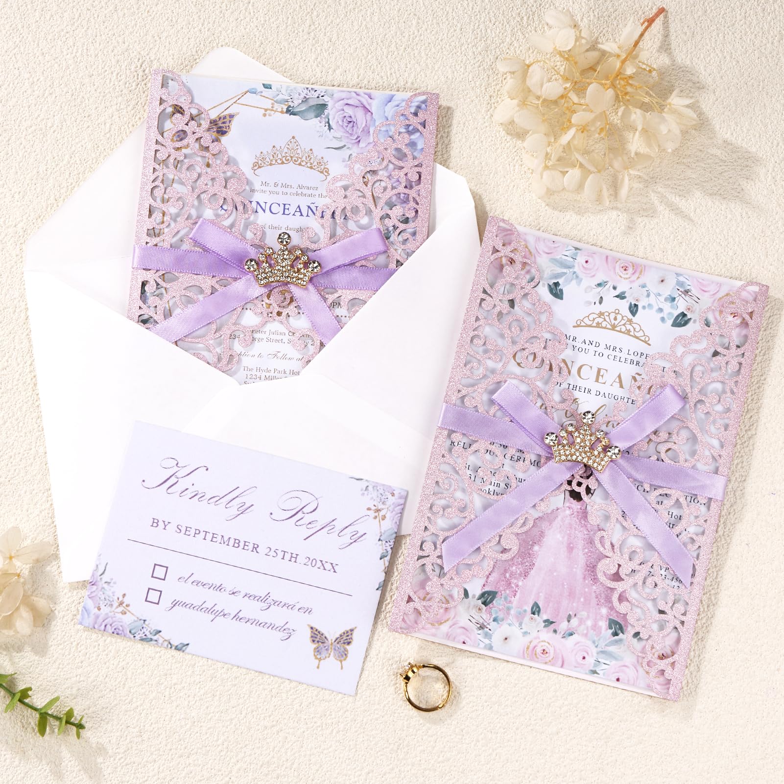 Hochzeitseinladungen, hohl, lasergeschnitten, mit Umschlägen und RSVP-Karten für Quinceañera-Verlobung, 25 Stück