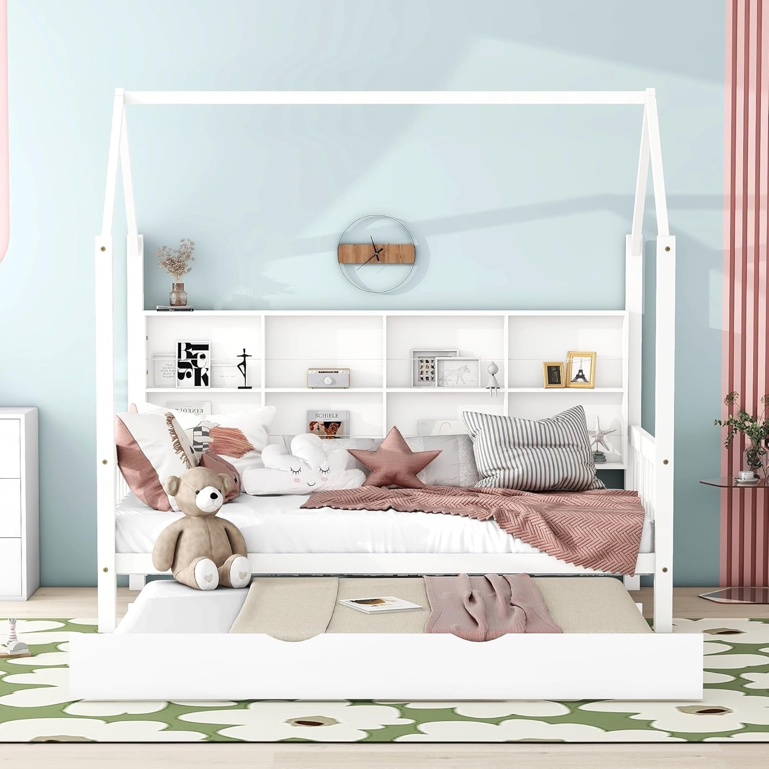 Bellemave Twin Size House Beds with Trundle and Storage Shelves, Wood Kids House Bed, Kids Montessori Playhouse Bed for Girls Boys Teens, White