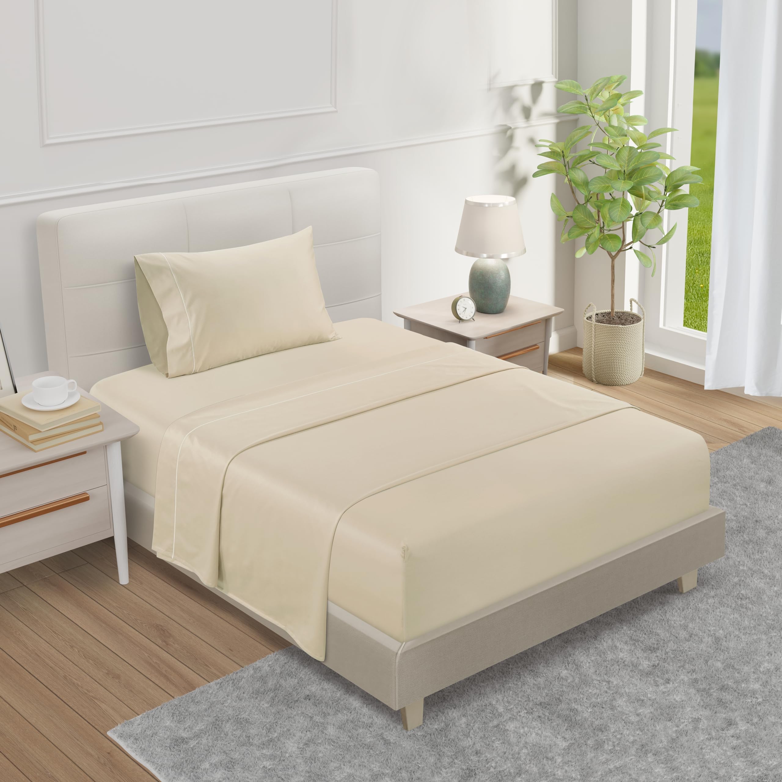 100% Cotton Sheets For Twin Bed, 800TC Sateen Weave 3PC Fully Elasticated Twin Fitted Sheet & Pillowcase Sets, 15" Deep Pocket Sheets Machine Washable, Naturally Cool & Breathable- Ivory