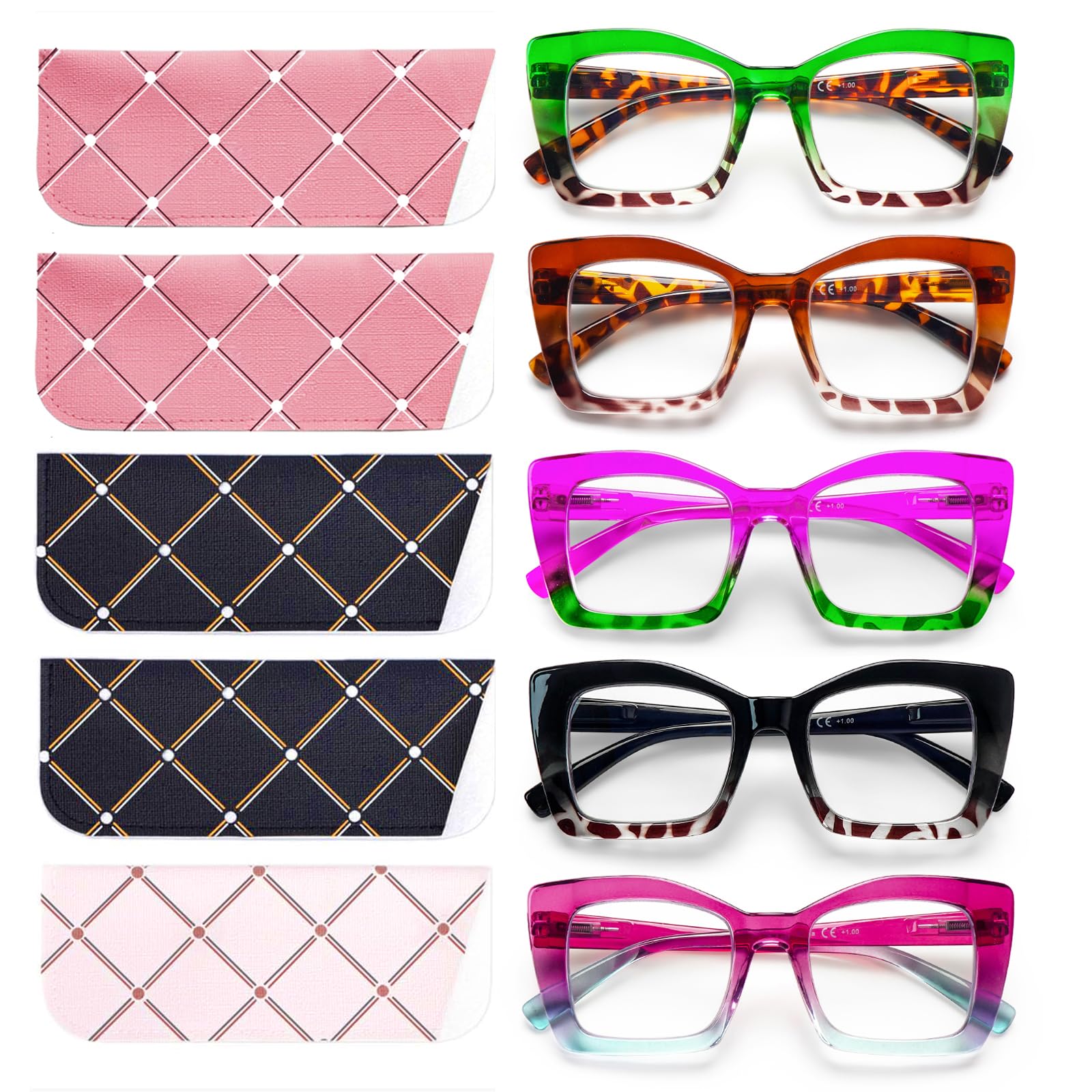 Oversized Square Reading Glasse for Women,Blue Light Blocking Oprah Style Large Frame Computer Readers Spring Hinge(5 Pack Mix,1.5,x)