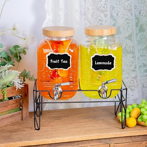 Miniatura 5 de Paquete de 2 dispensadores de bebidas de vidrio de 1 galón para fiestas, dispensador de bebidas con espita de acero inoxidable a prueba de fugas,