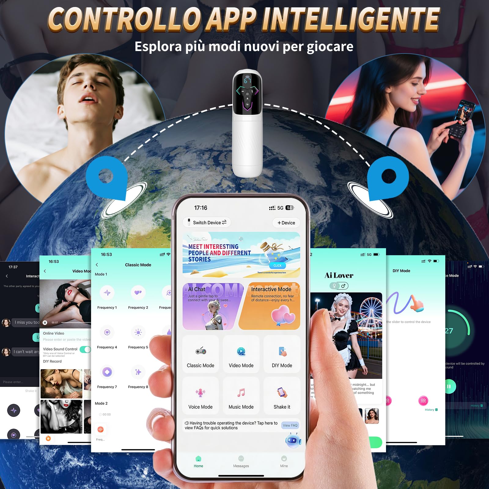 Masturbatore maschile interattivo con funzionalità AI, dotato di 10 modalità di vibrazione (7 a movimento alternato e 5 a suzione), vibratore maschile, controllabile tramite app
