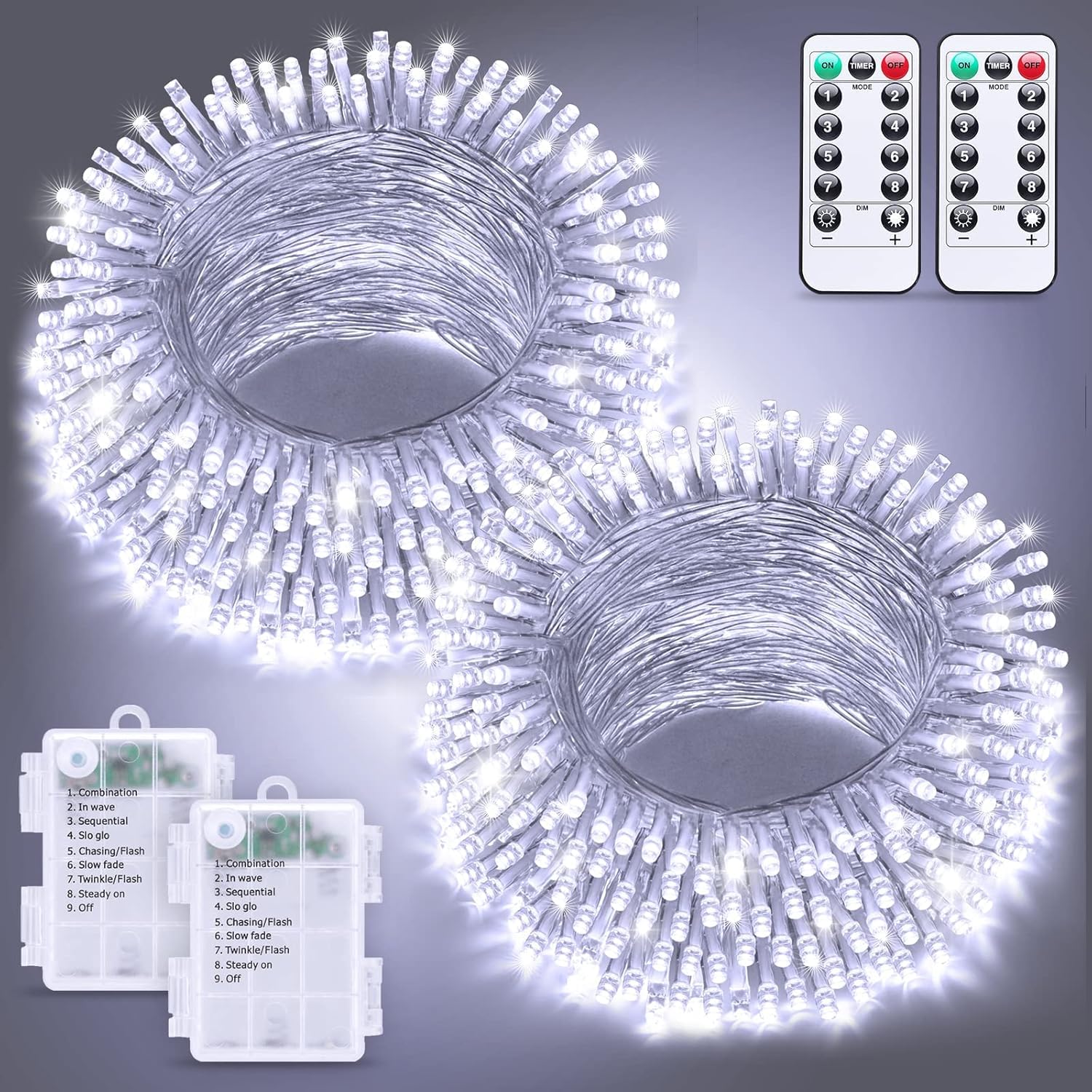 JMEXSUSS 2 Pack White Battery Operated String Lights, Each 33ft 100 LED