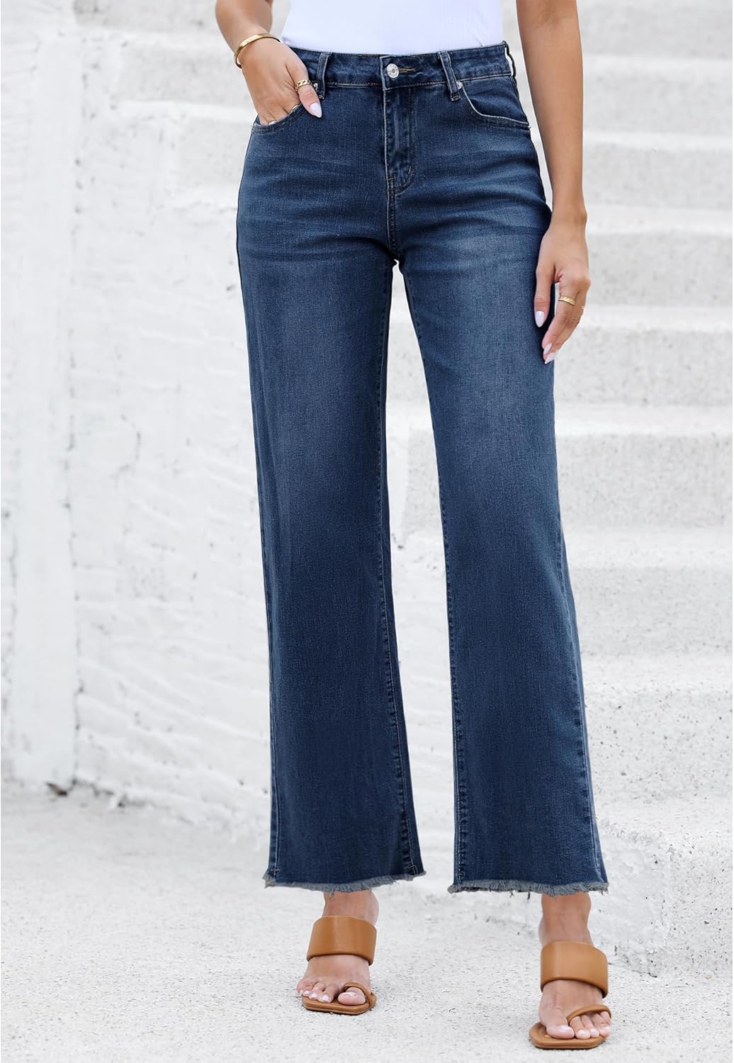 LookbookStore Wide Leg Jeans for Women Trendy High Waisted Straight Leg Frayed Hem Baggy Stretchy Denim Trousers Pants - Image 2