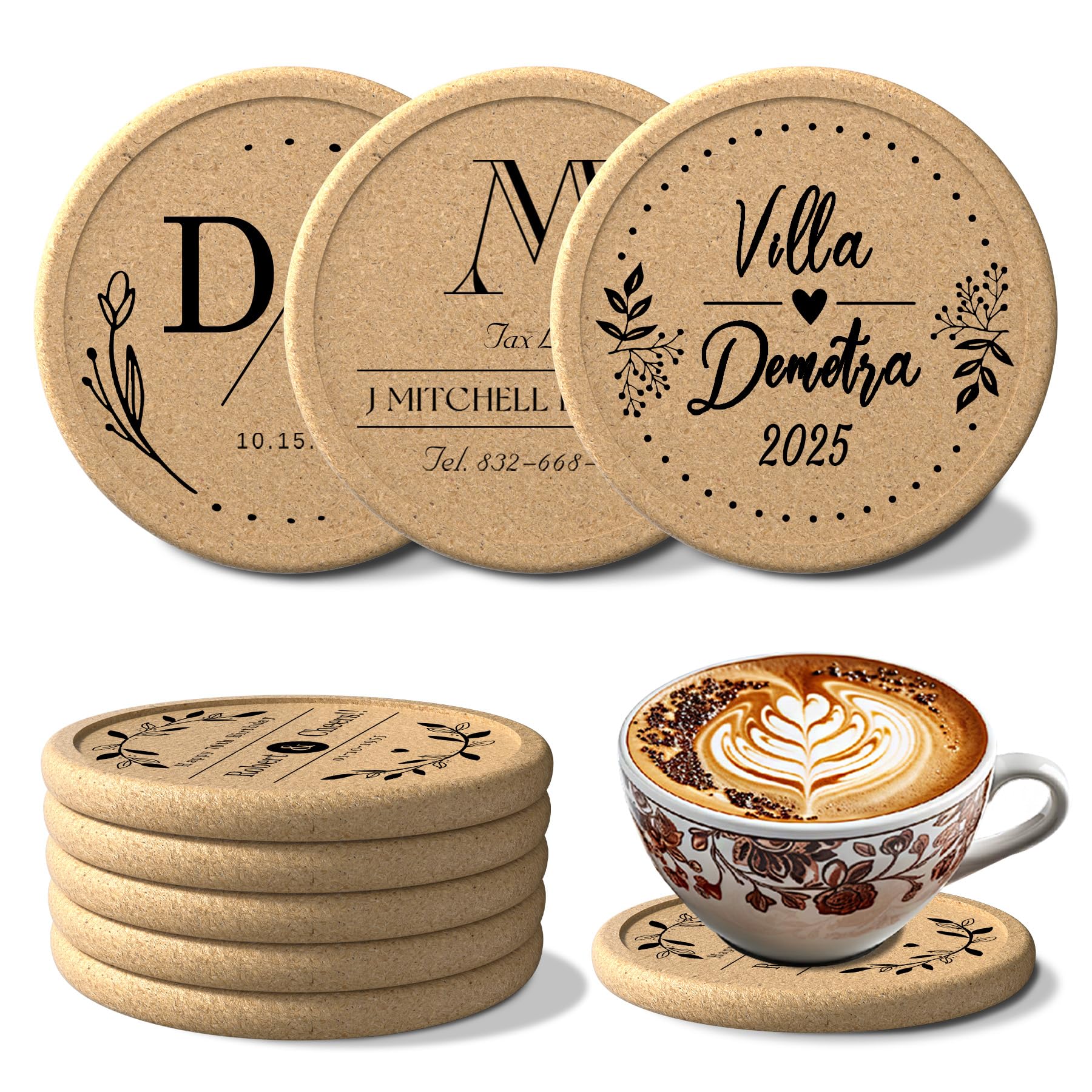 Shueewago Round（Upgraded Version） 30-100 Pcs Personalized Cork Coasters For Drinks, Round 4 Inch, Wedding Favors For Guests, Bulk Custom Coasters With Laser Engraved Text Image Or Logo, Non-Slip Heat-Resistant