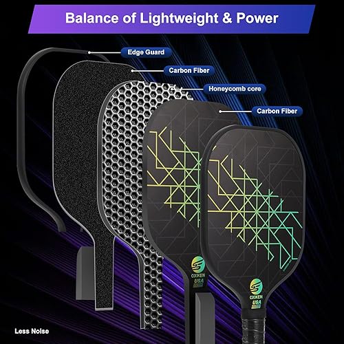Miniatura 3 de Juego de 4 palas de pickleball aprobadas por USAPA de fibra de carbono (CHS), núcleo de panal de polipropileno, agarre antideslizante que absorbe el