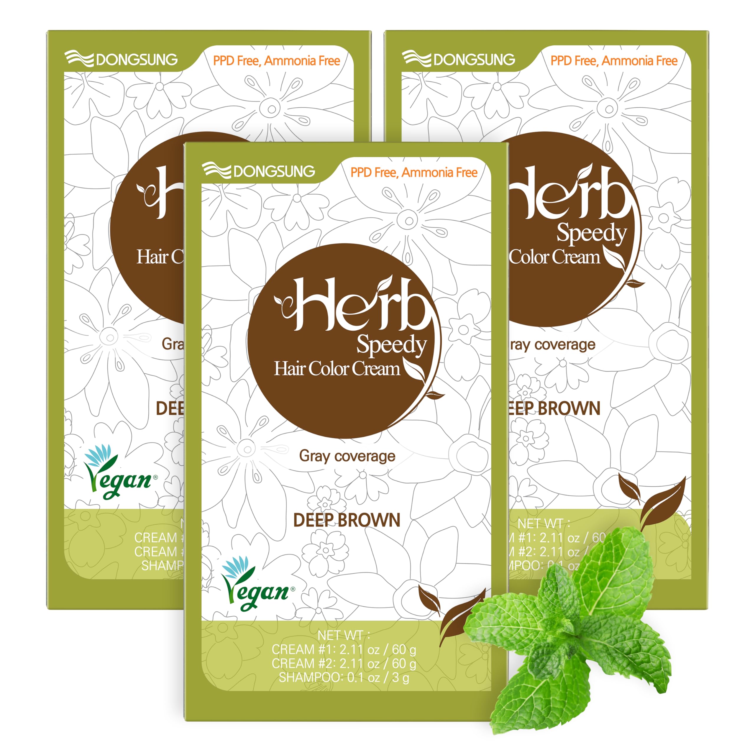 Dongsung Herb Speedy Color Cream(Deep Brown, 3Pack)–Korean Herbal Vegan Hair Dye PPD-Free Ammonia-Free Hypoallergenic 100% Gray Coverage, Odorless, Dermatologically Tested, Quick 20-Minute Application