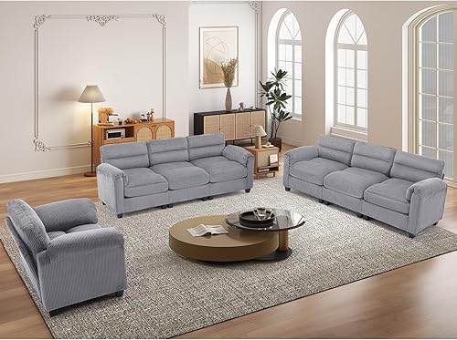 Miniatura 34 de Juego de sofá de pana, otomana tapizada, sofá de dos plazas y sofá de 3 plazas con cojines mullidos y brazos redondeados, juegos de muebles modernos